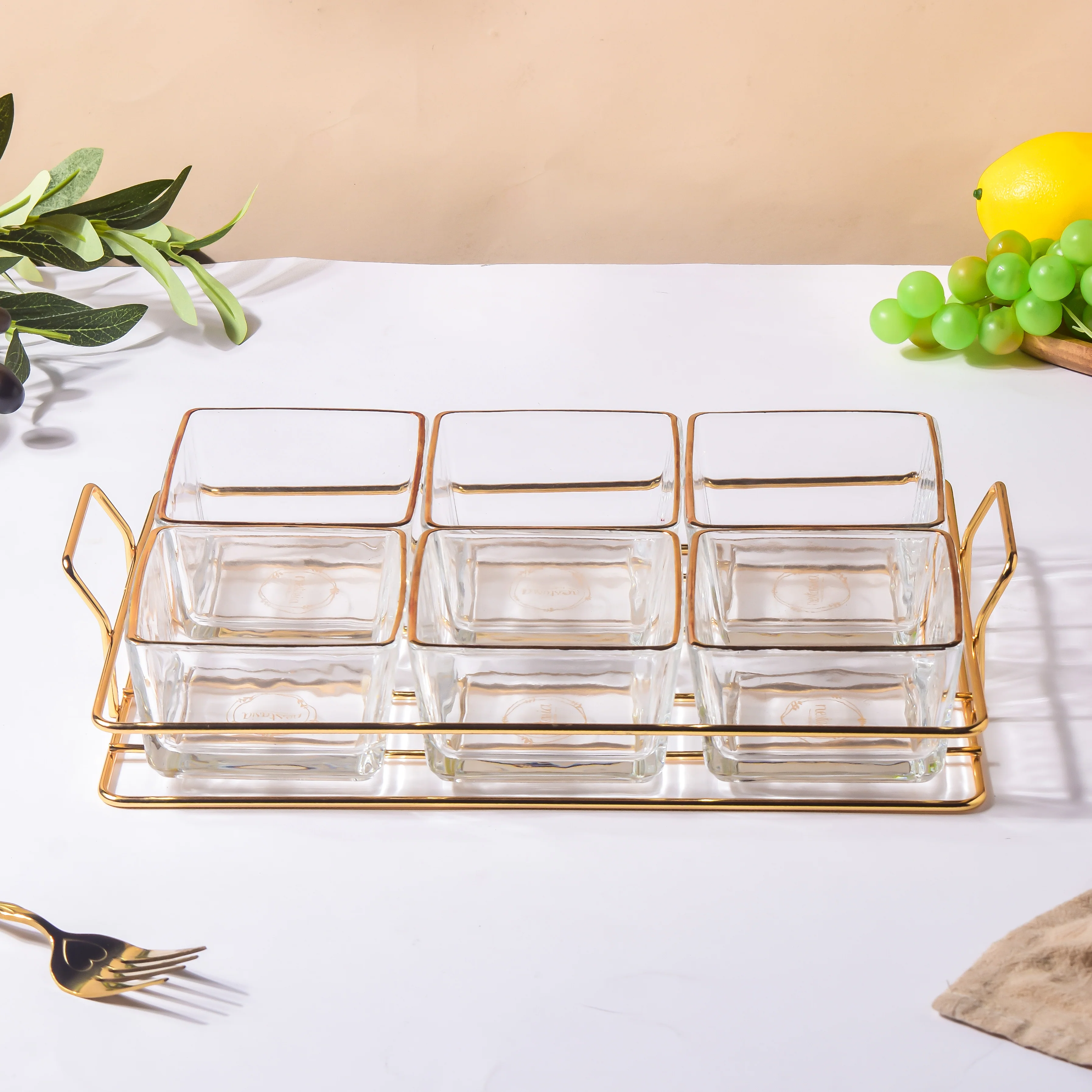 Gold Detailed Glass Bowls And Tray Set Of 7 200ml - Image 3