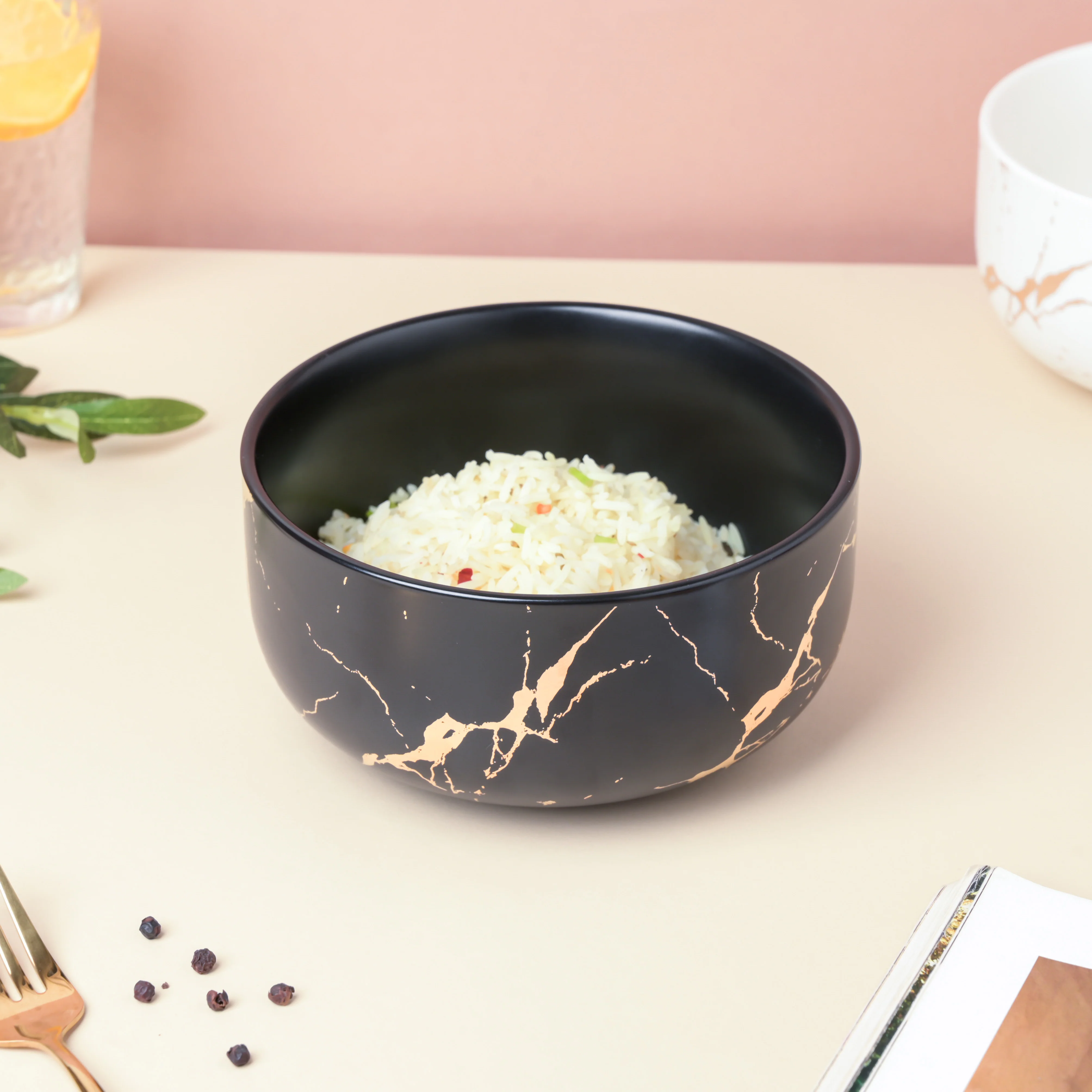 Gold Detailed Marble Ceramic Serving Bowl Black