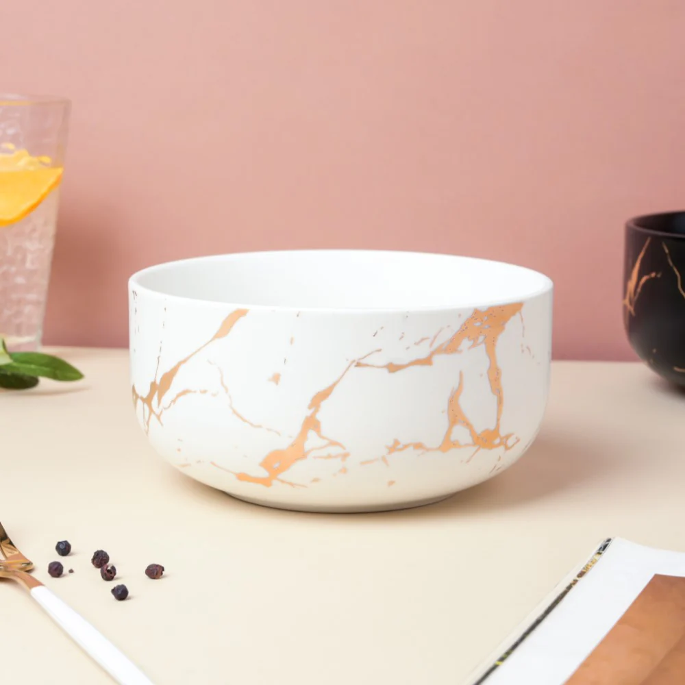 Gold Detailed Marble Ceramic Serving Bowl White - Image 4