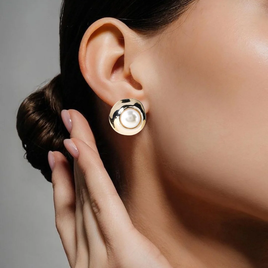 Gold Disc With Pearl Stud Earrings - Image 2