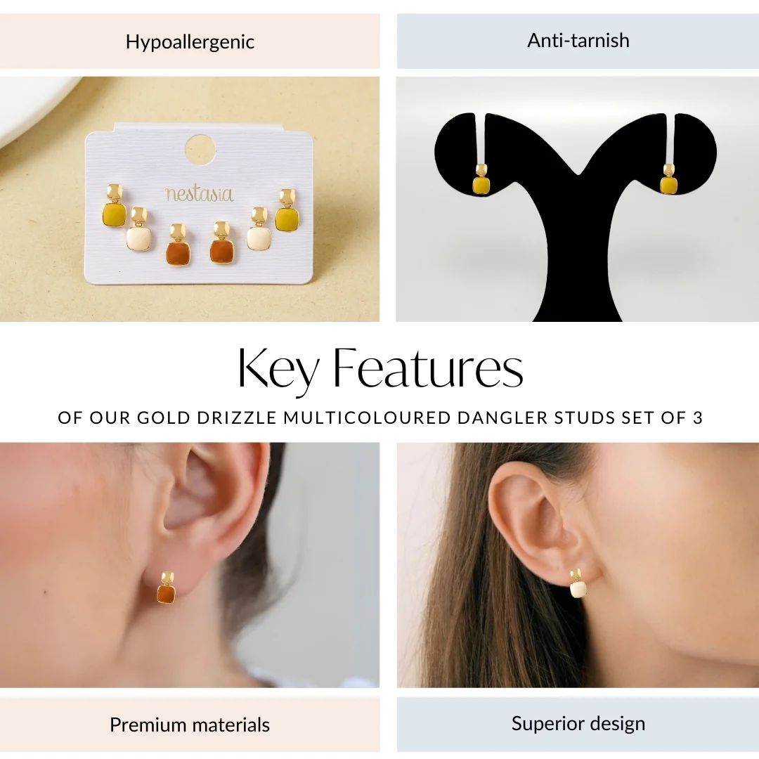 Gold Drizzle Multicoloured Dangler Studs Set Of 3 - Image 4