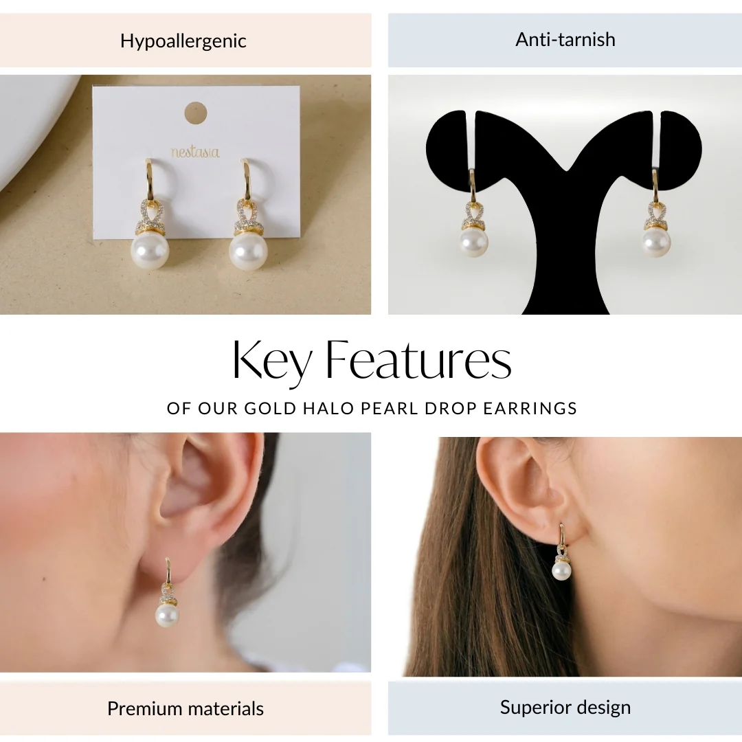 Gold Halo Pearl Drop Earrings - Image 4