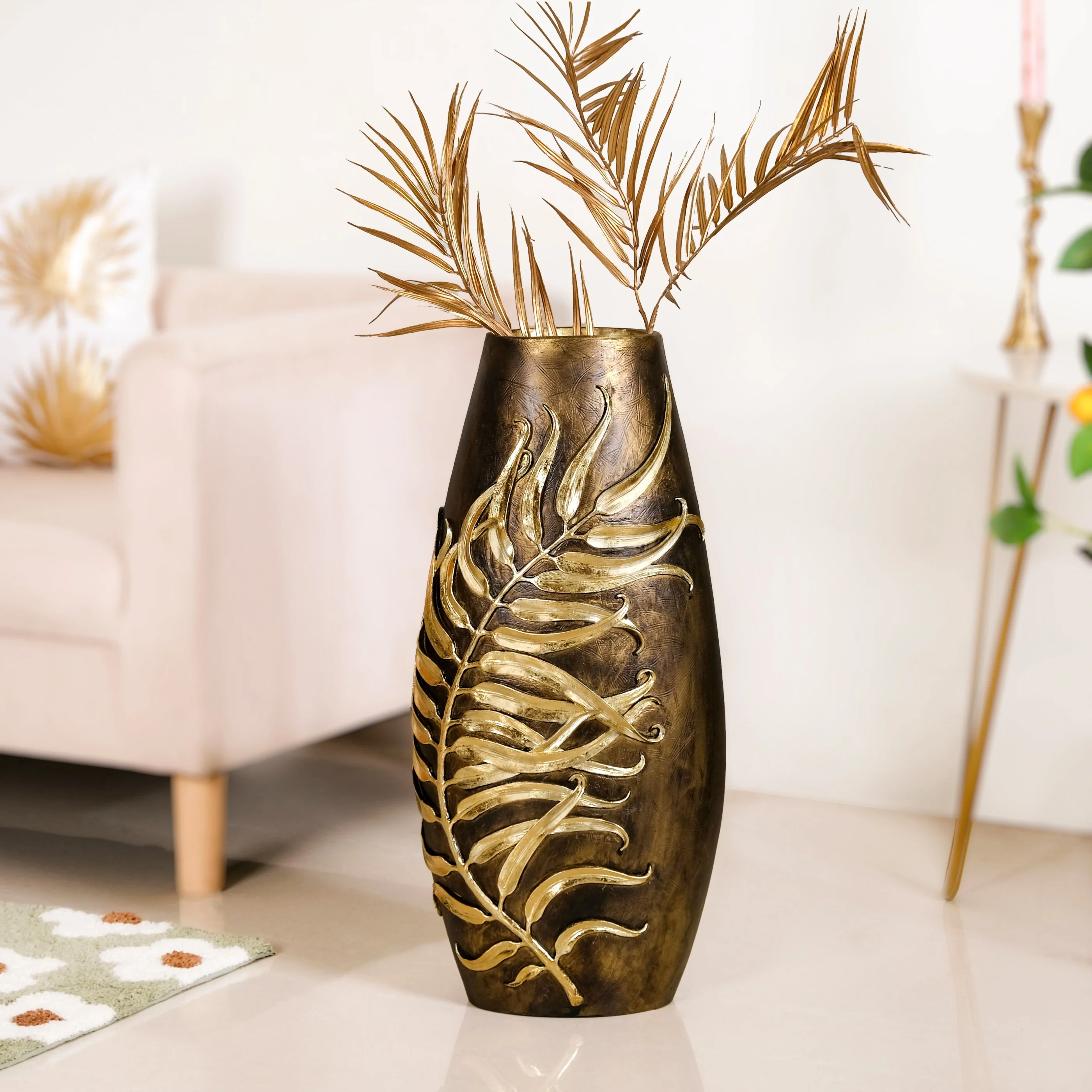 Gold Leaf Sculpted Flower Vase For Floor - Image 9