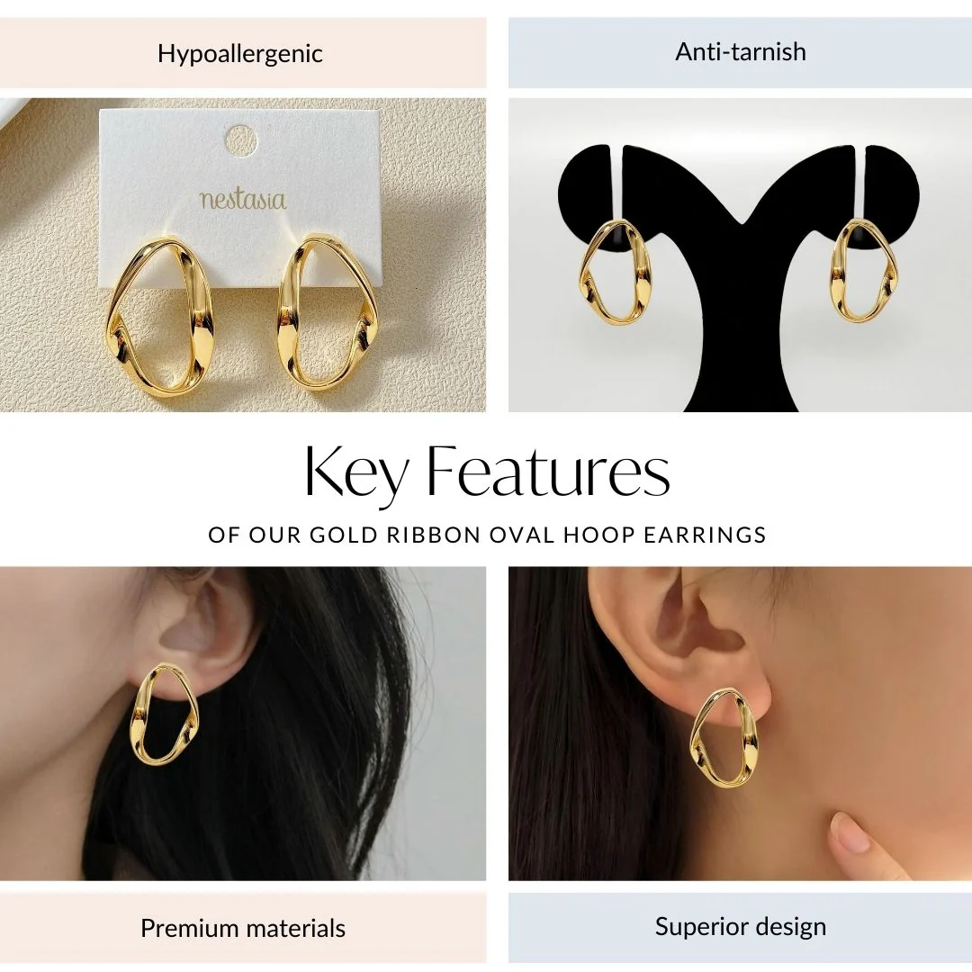 Gold Ribbon Oval Hoop Earrings - Image 4