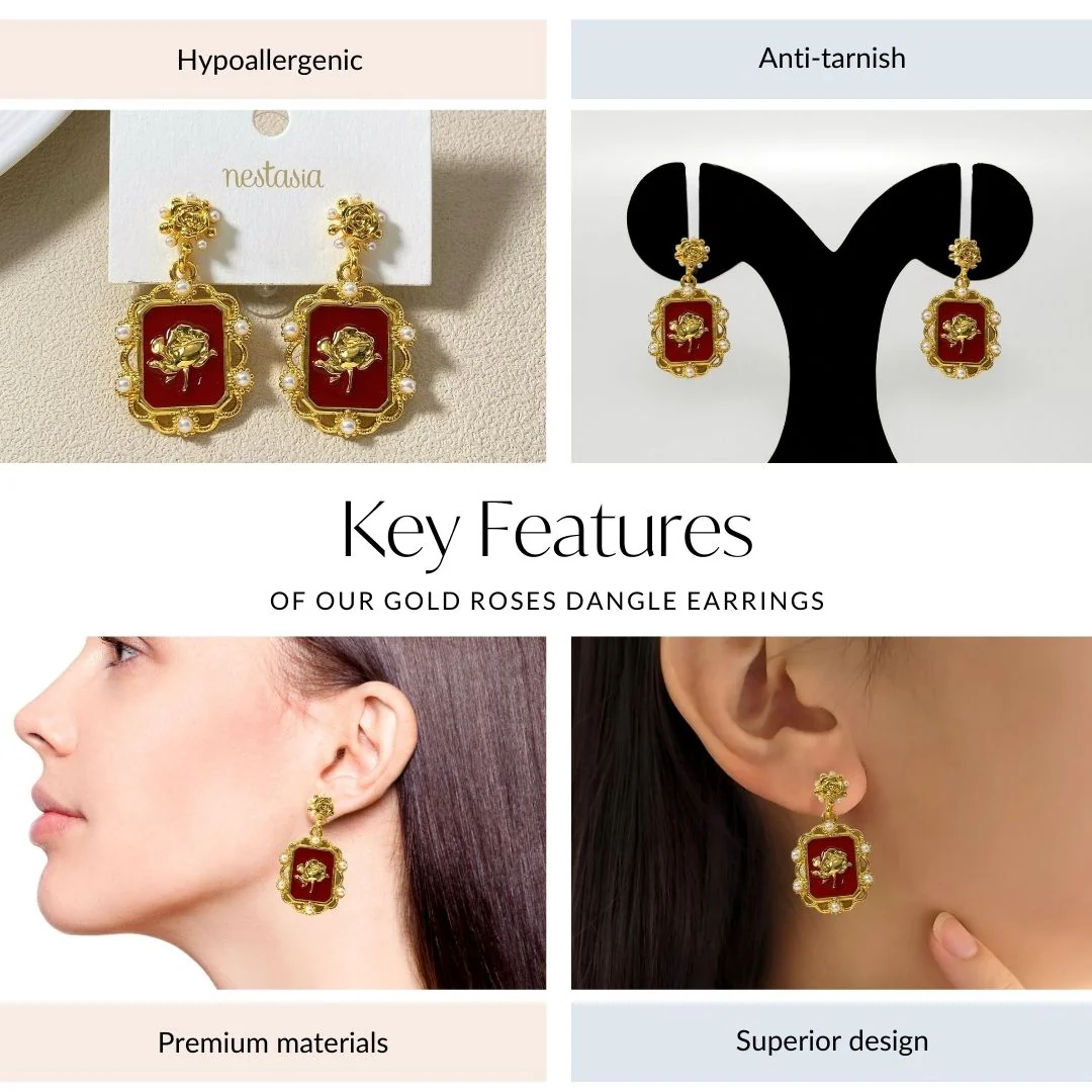 Gold Roses Dangle Earrings - Image 4