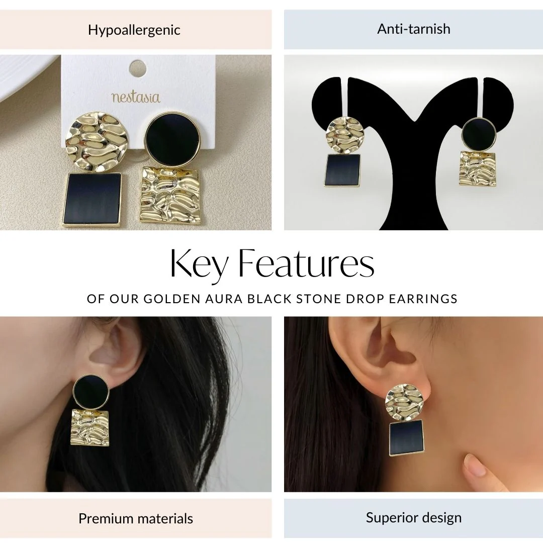 Golden Aura Black Stone Drop Earrings - Image 4