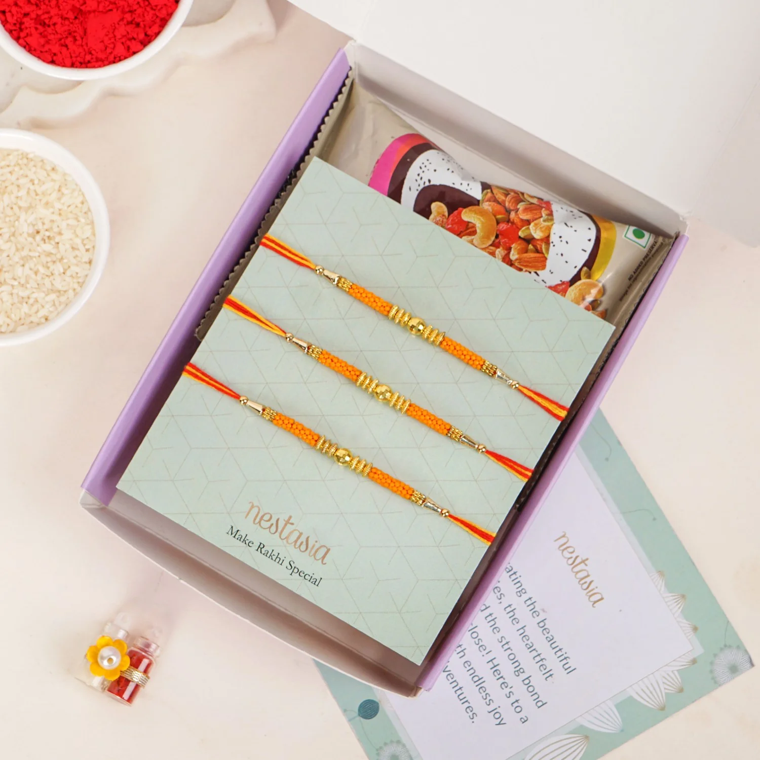 Golden Beads Orange Rakhi Gift Set - Image 5