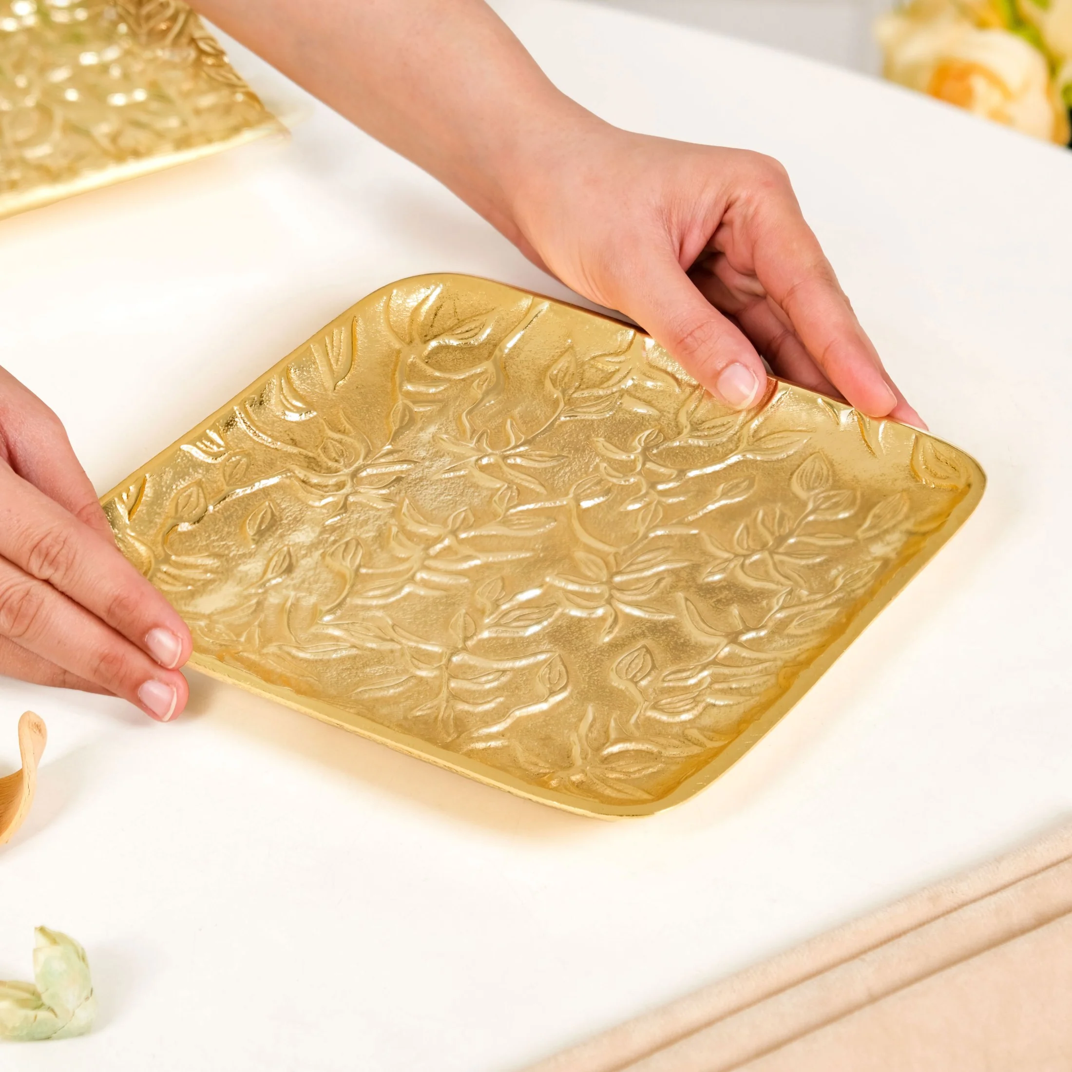 Golden Crest Floral Metal Decorative Tray - Image 4