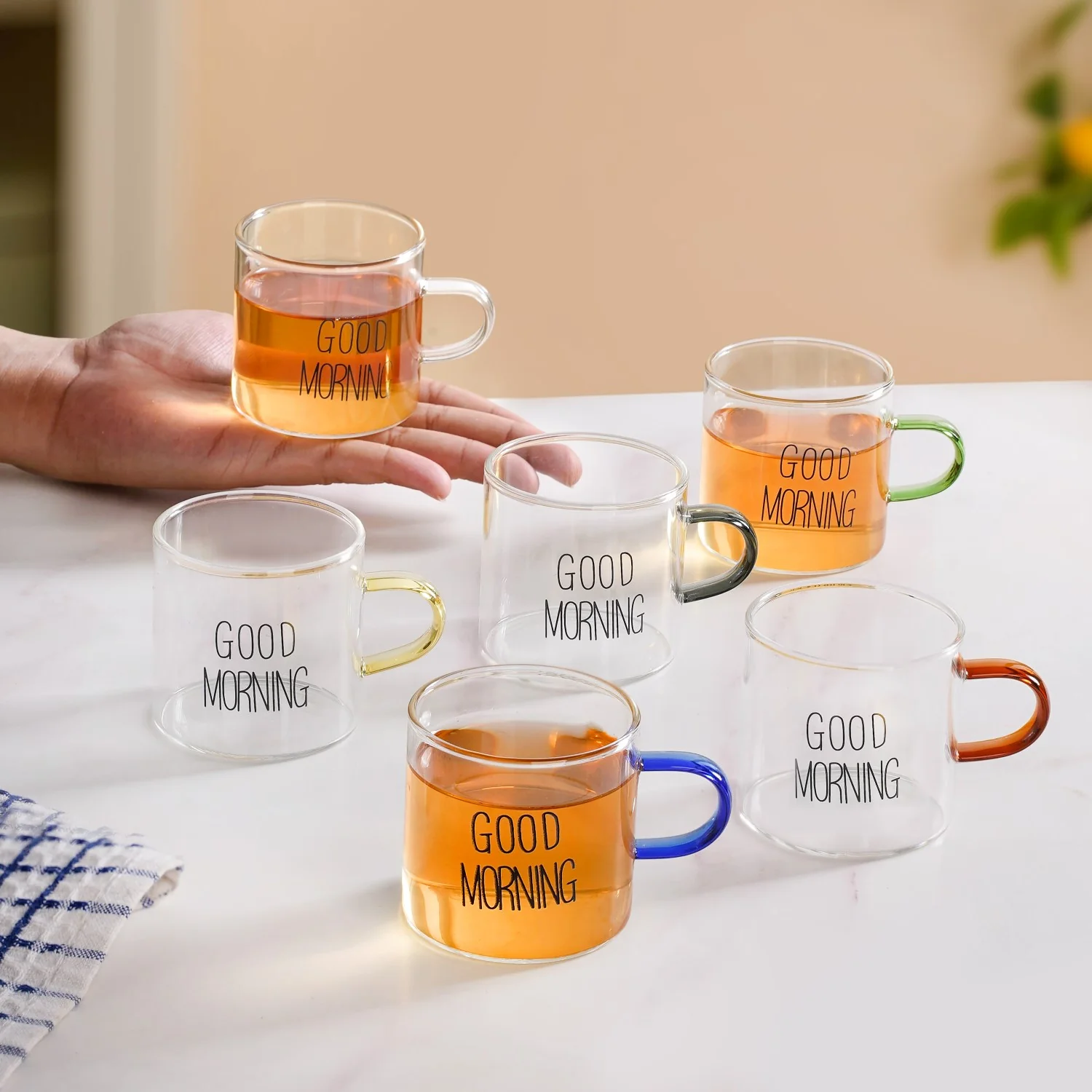 Good Morning Assorted Multicolour Handle Tea Cups Set Of 6 130ml - Image 3