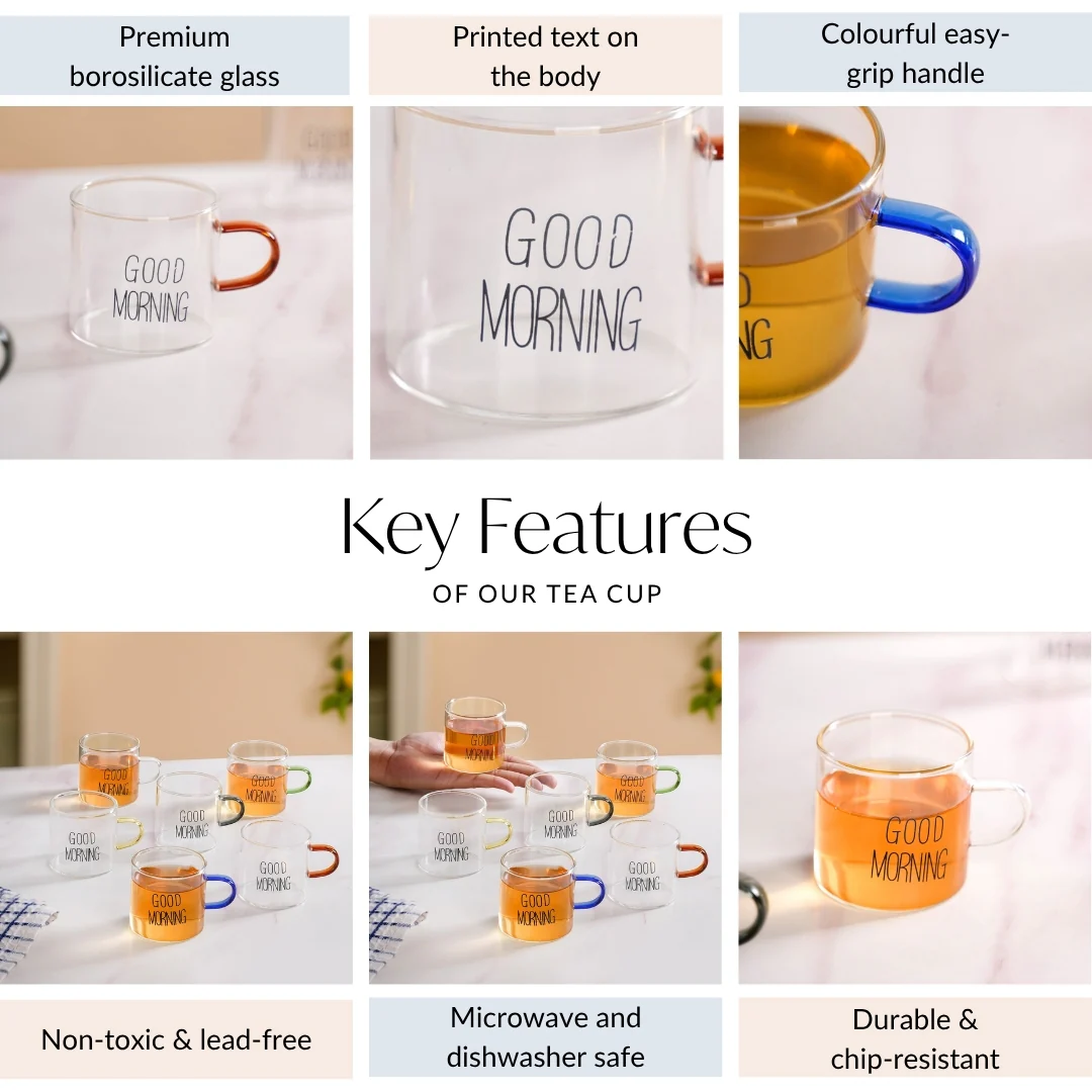 Good Morning Assorted Multicolour Handle Tea Cups Set Of 6 130ml - Image 5