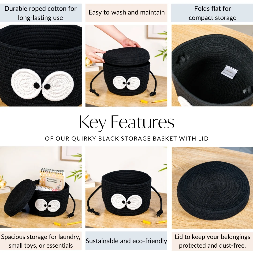 Googly Eyes Black Storage Basket With Lid 17cm - Image 5