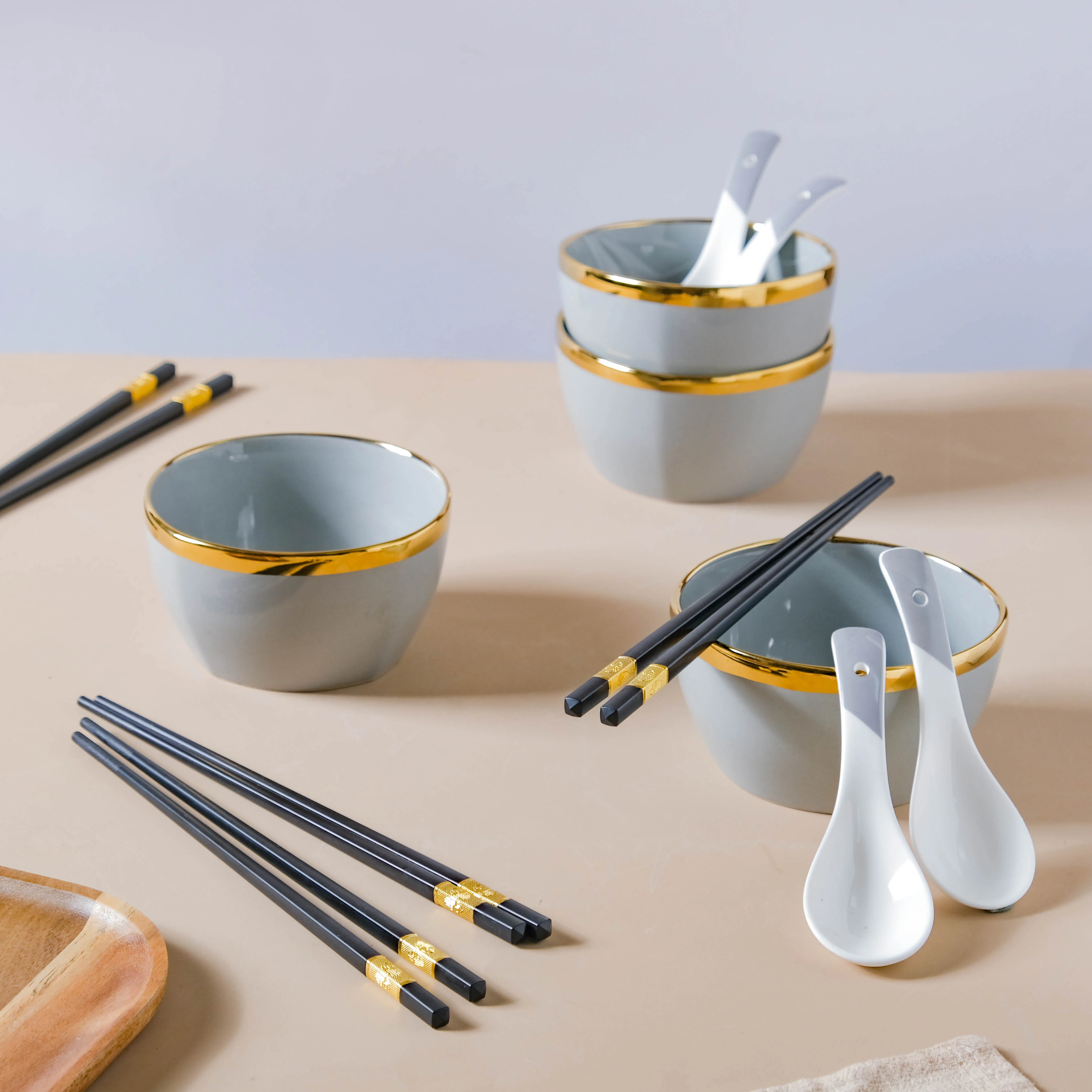 Gorgeous Grey Snack Bowl Set Of 4 With Chopsticks And Soup Spoons - Image 8