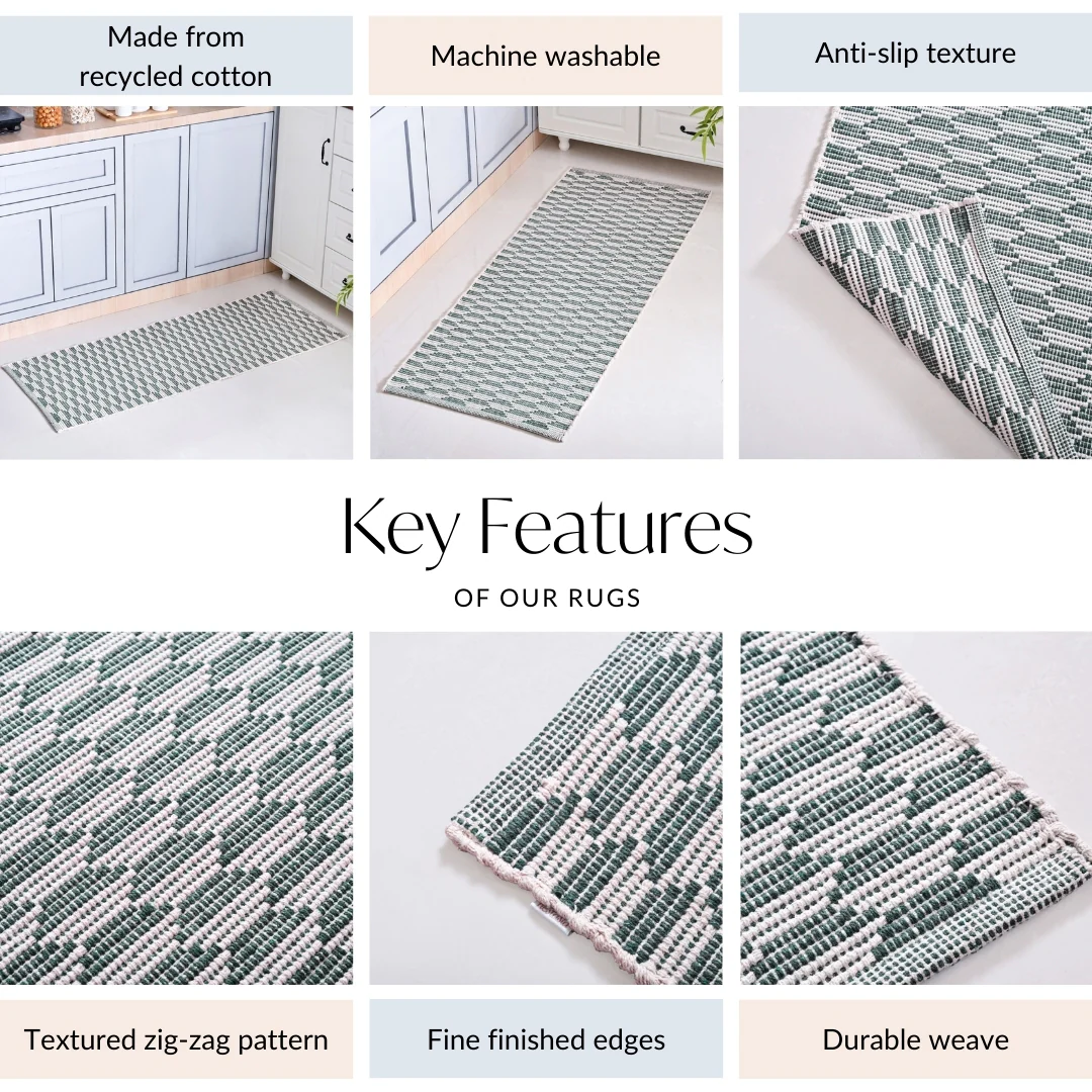 Green Boho White Floor Runner Cotton Mat 130x50cm - Image 3