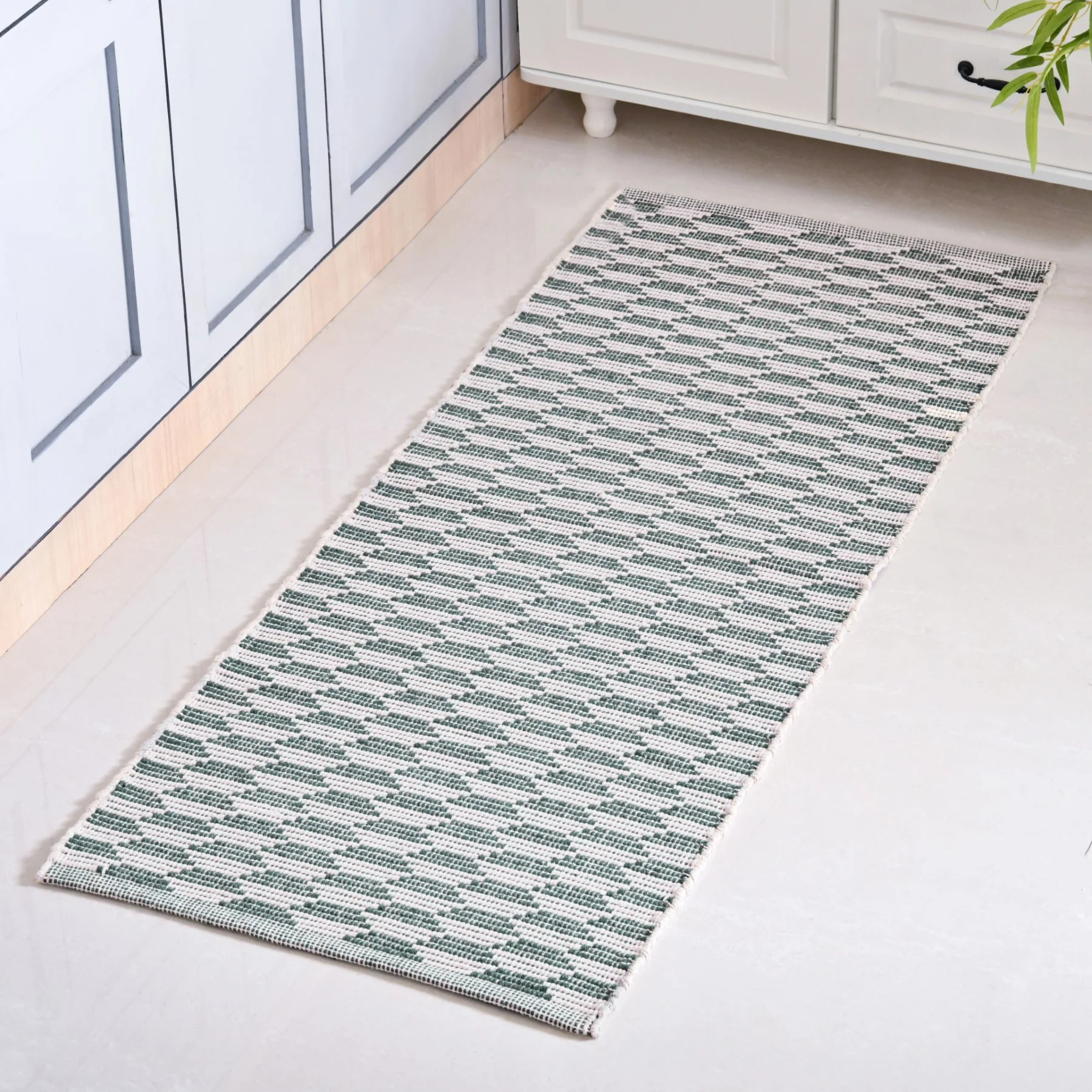 Green Boho White Floor Runner Cotton Mat 130x50cm - Image 7