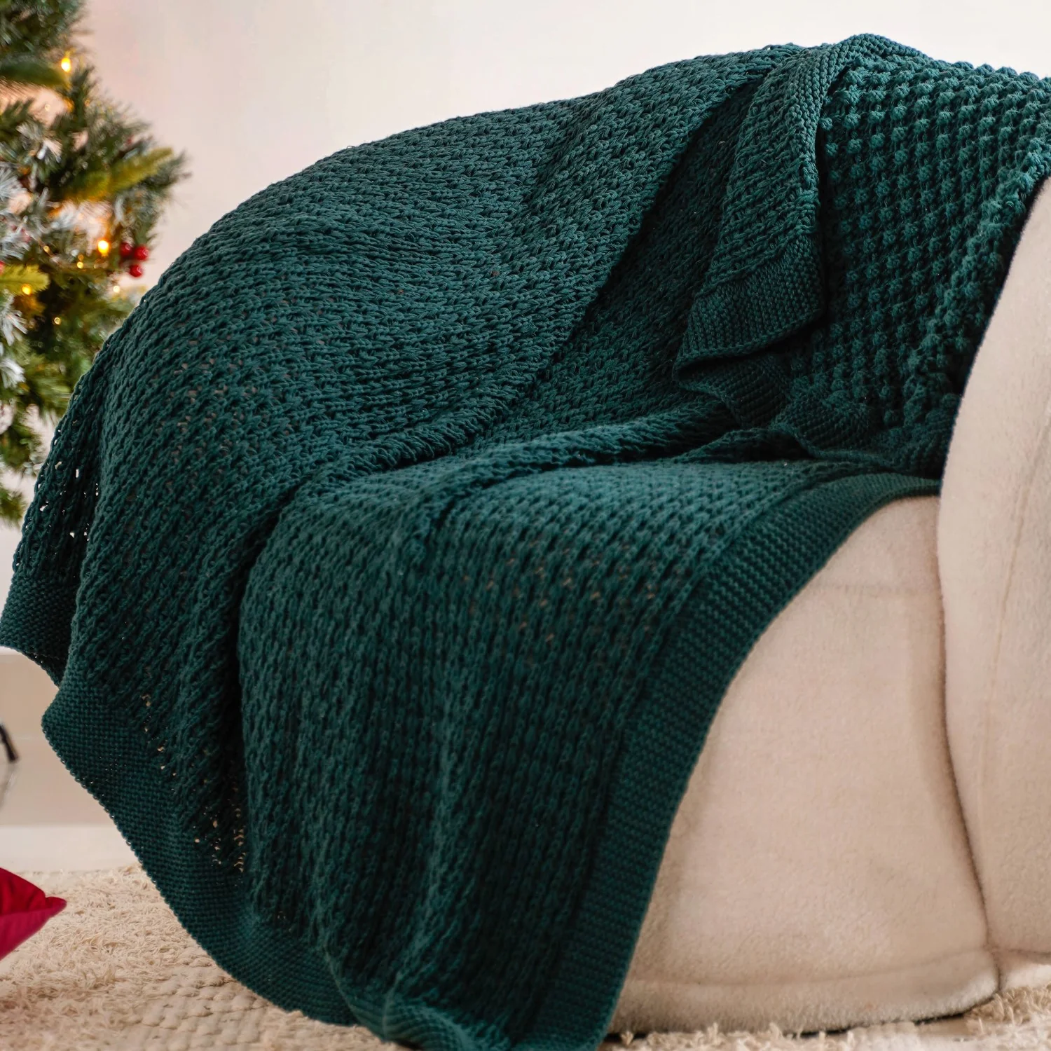 Green Cable Knitted Pure Cotton Soft Throw Blanket - Image 2
