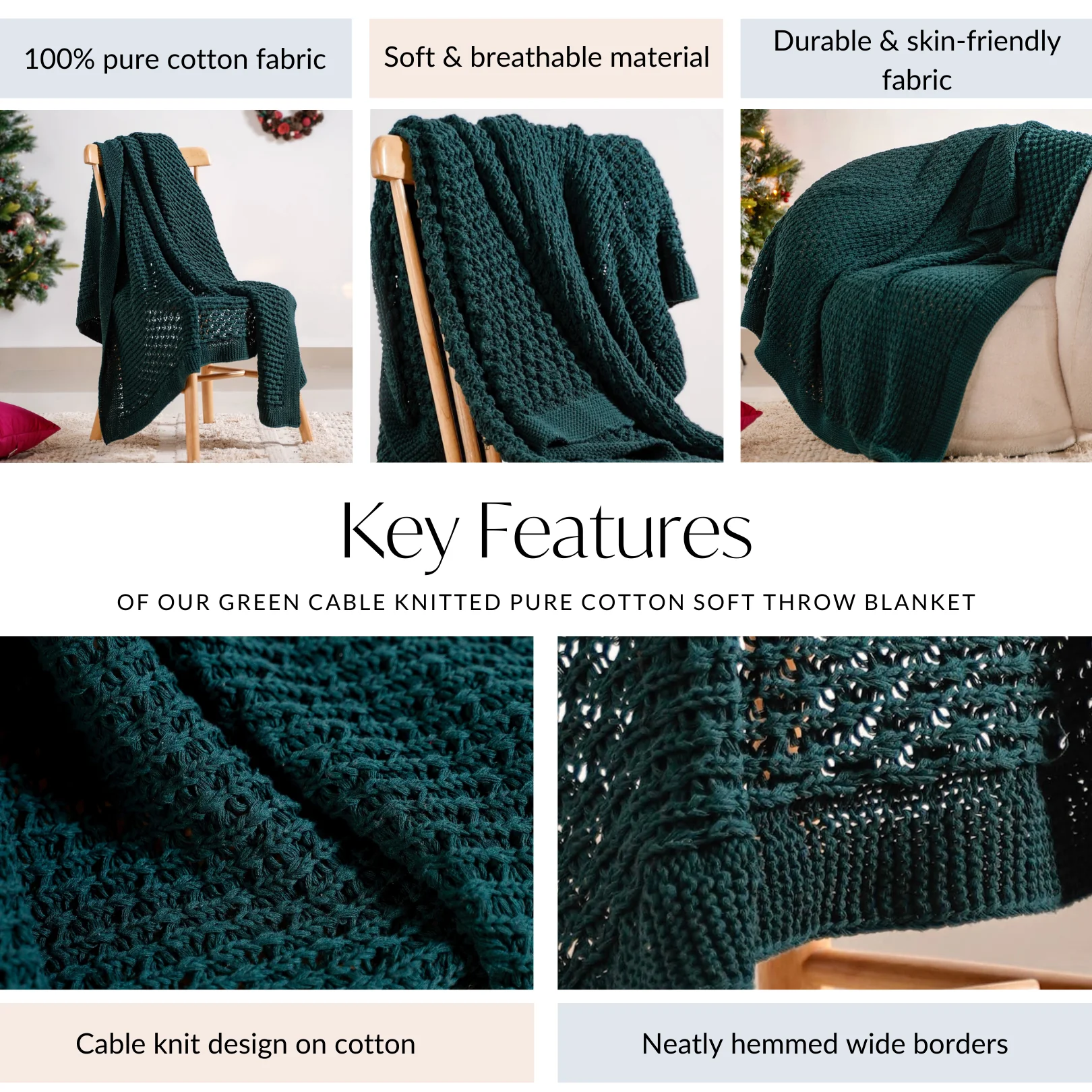 Green Cable Knitted Pure Cotton Soft Throw Blanket - Image 5