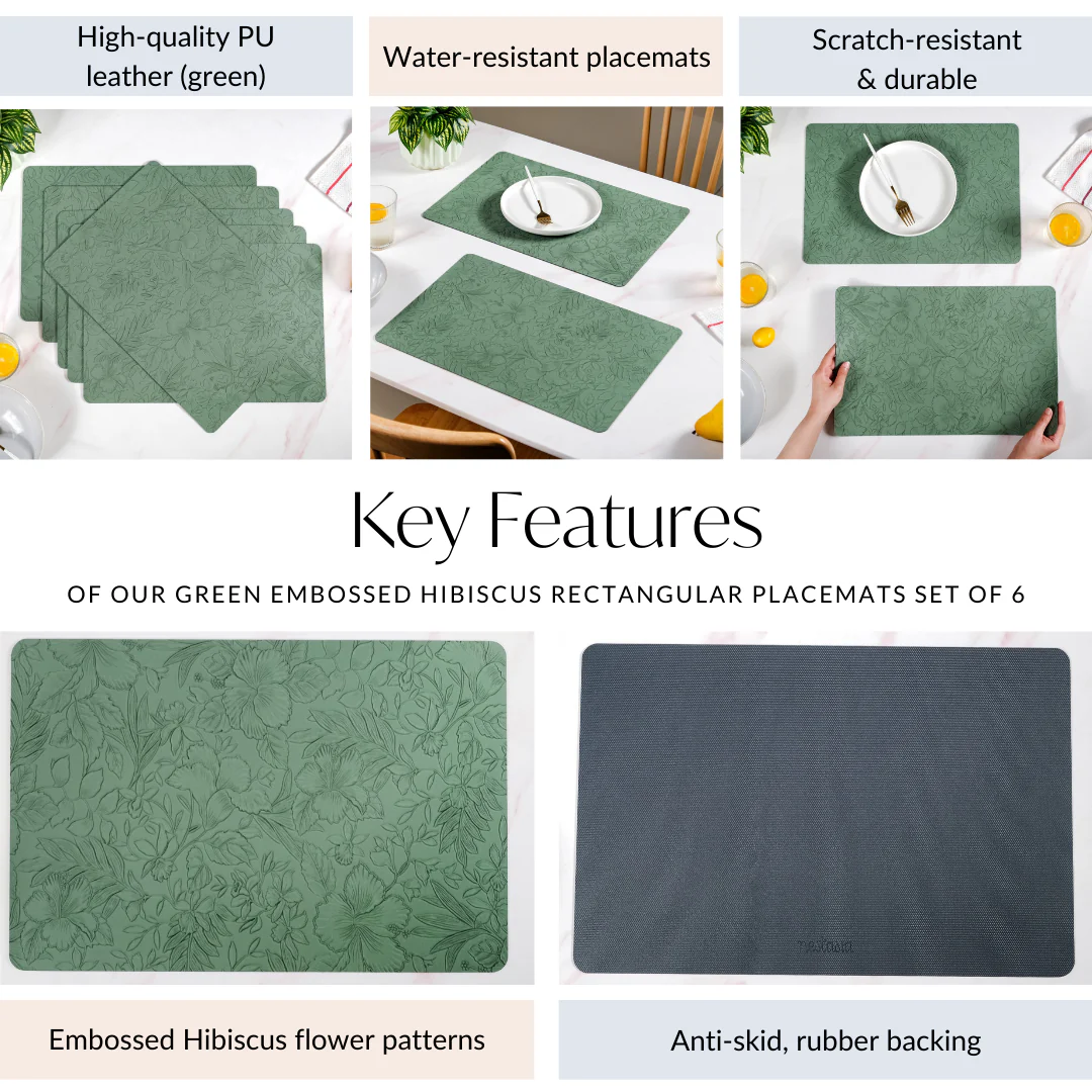 Green Embossed Hibiscus Rectangular Placemats Set Of 6 - Image 5