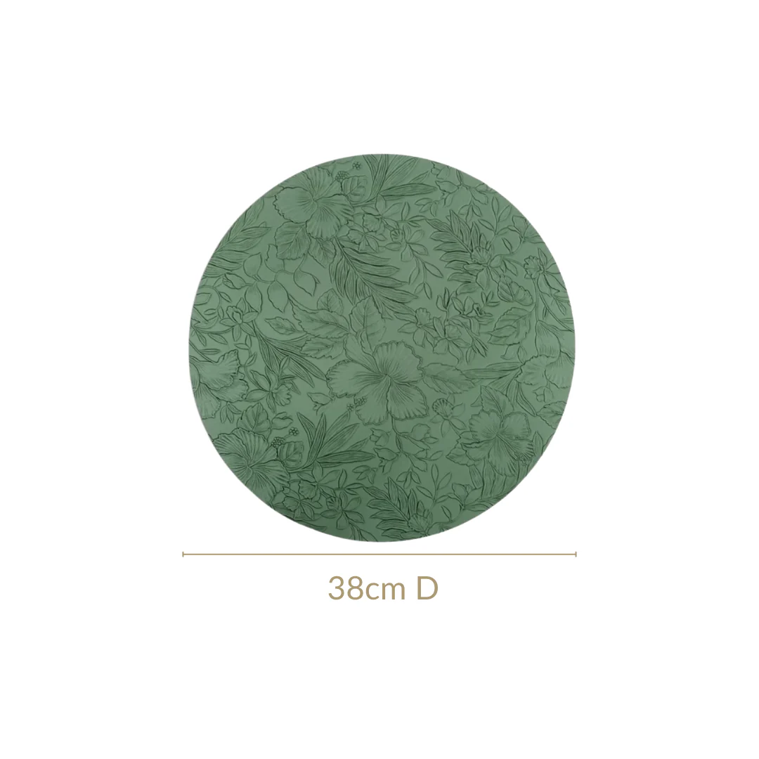 Green Embossed Hibiscus Round Placemats Set Of 6 - Image 4