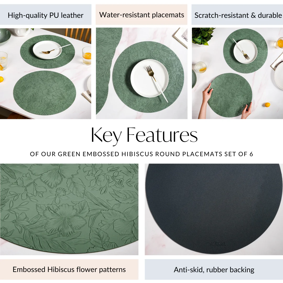 Green Embossed Hibiscus Round Placemats Set Of 6 - Image 5