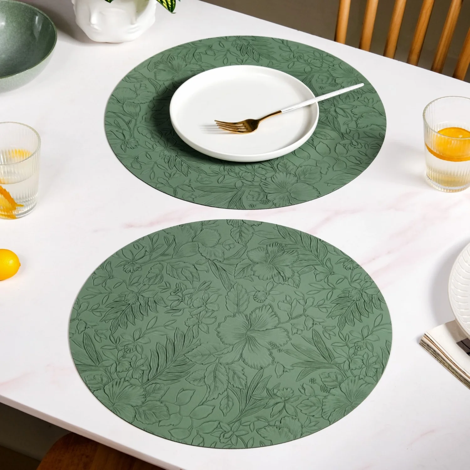 Green Embossed Hibiscus Round Placemats Set Of 6 - Image 7