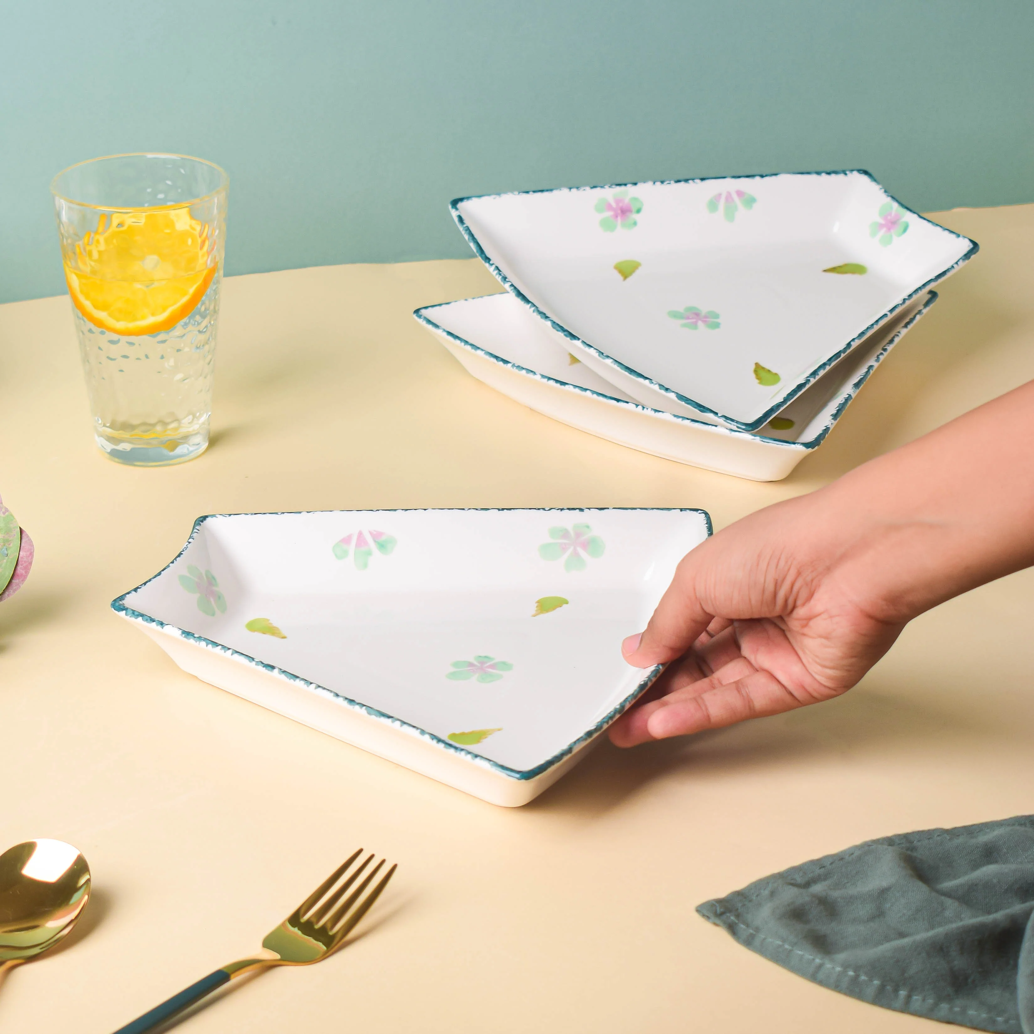 Green Floral Snack Plates Set Of 8 - Image 2