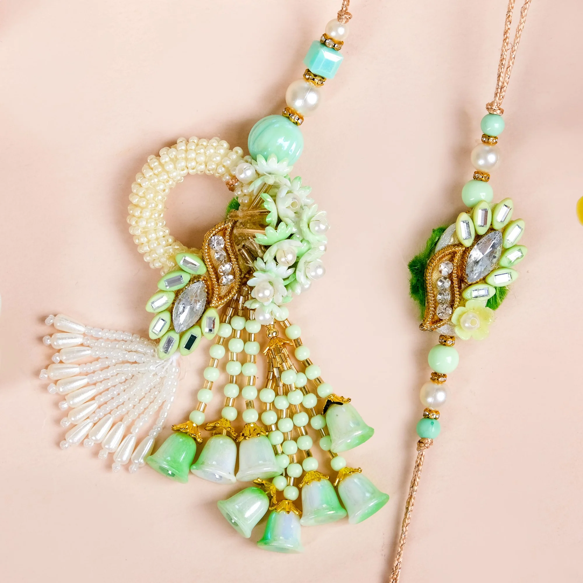 Green Pearl Beaded Rakhi And Lumba Set - Image 5