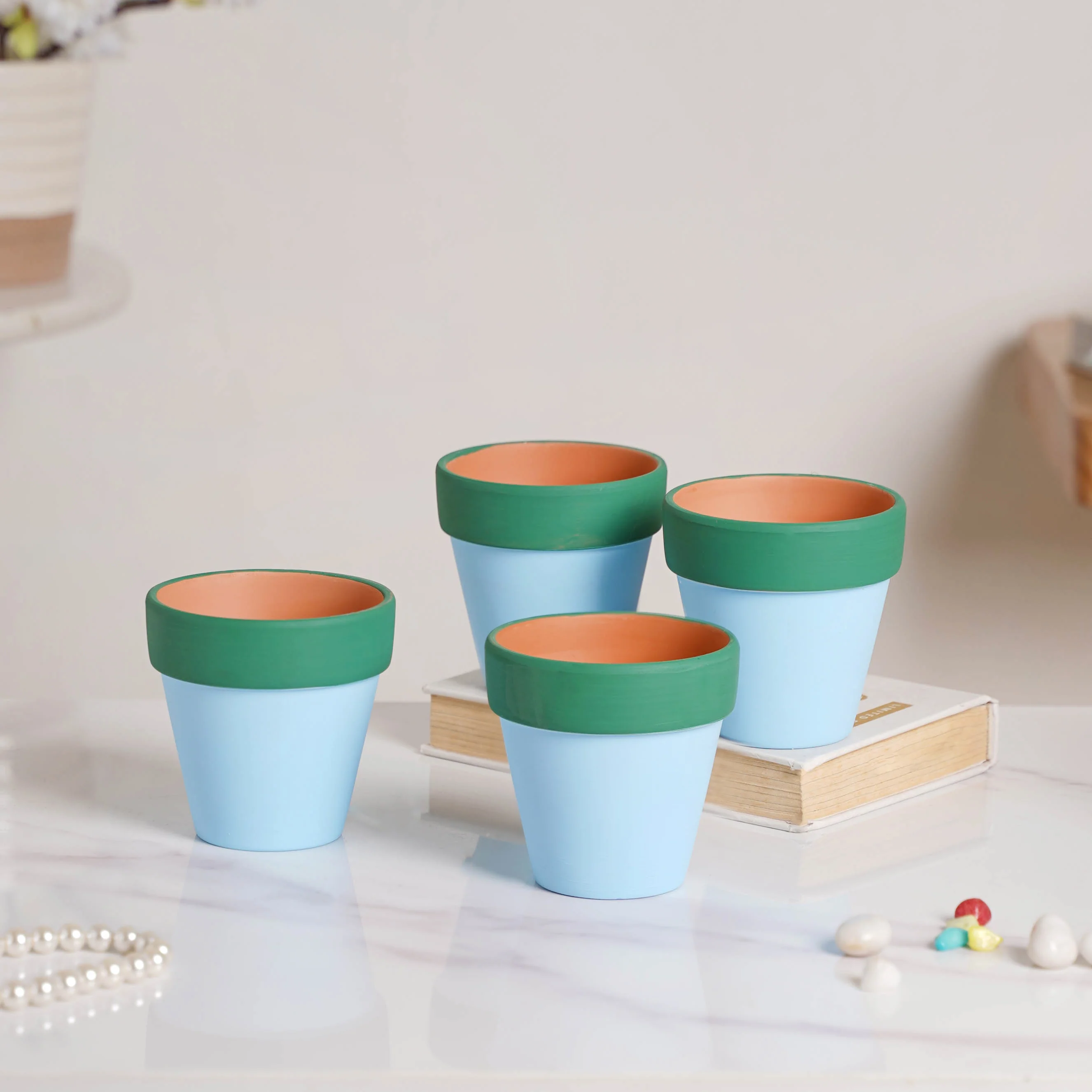 Green Rim Light Blue Clay Pot Set Of 4