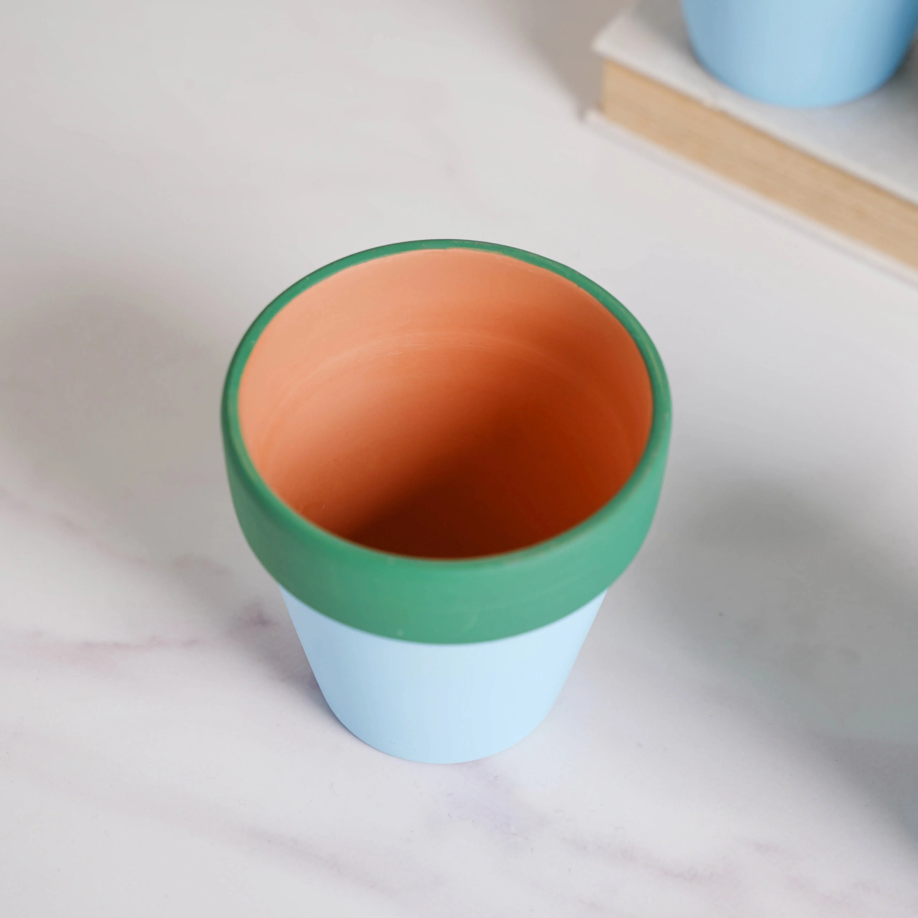 Green Rim Light Blue Clay Pot Set Of 4 - Image 5