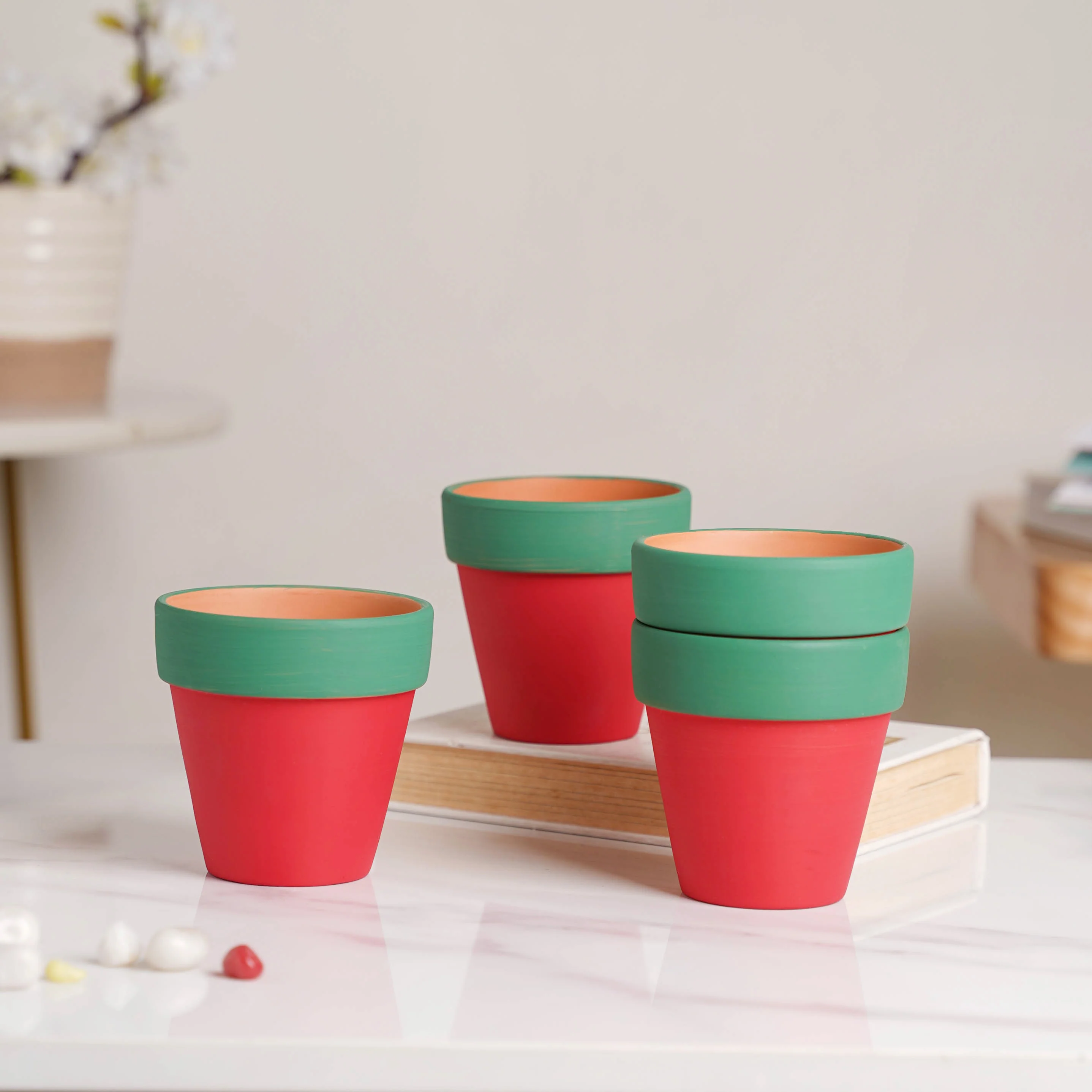 Green Rim Red Clay Pot Set Of 4 - Image 4