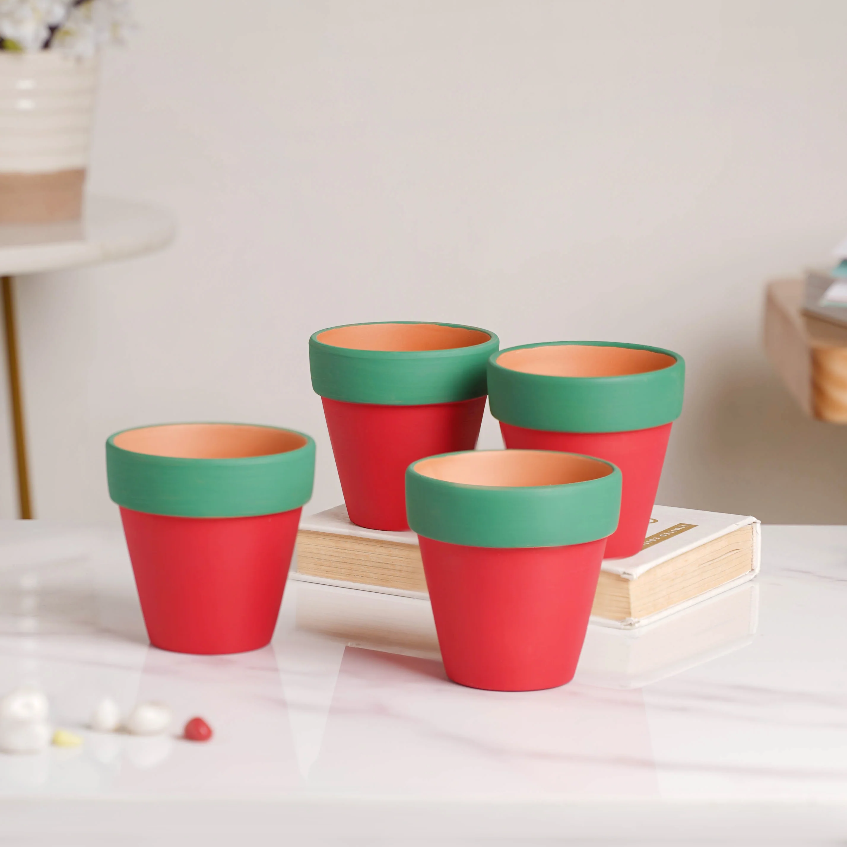 Green Rim Red Clay Pot Set Of 4 - Image 5