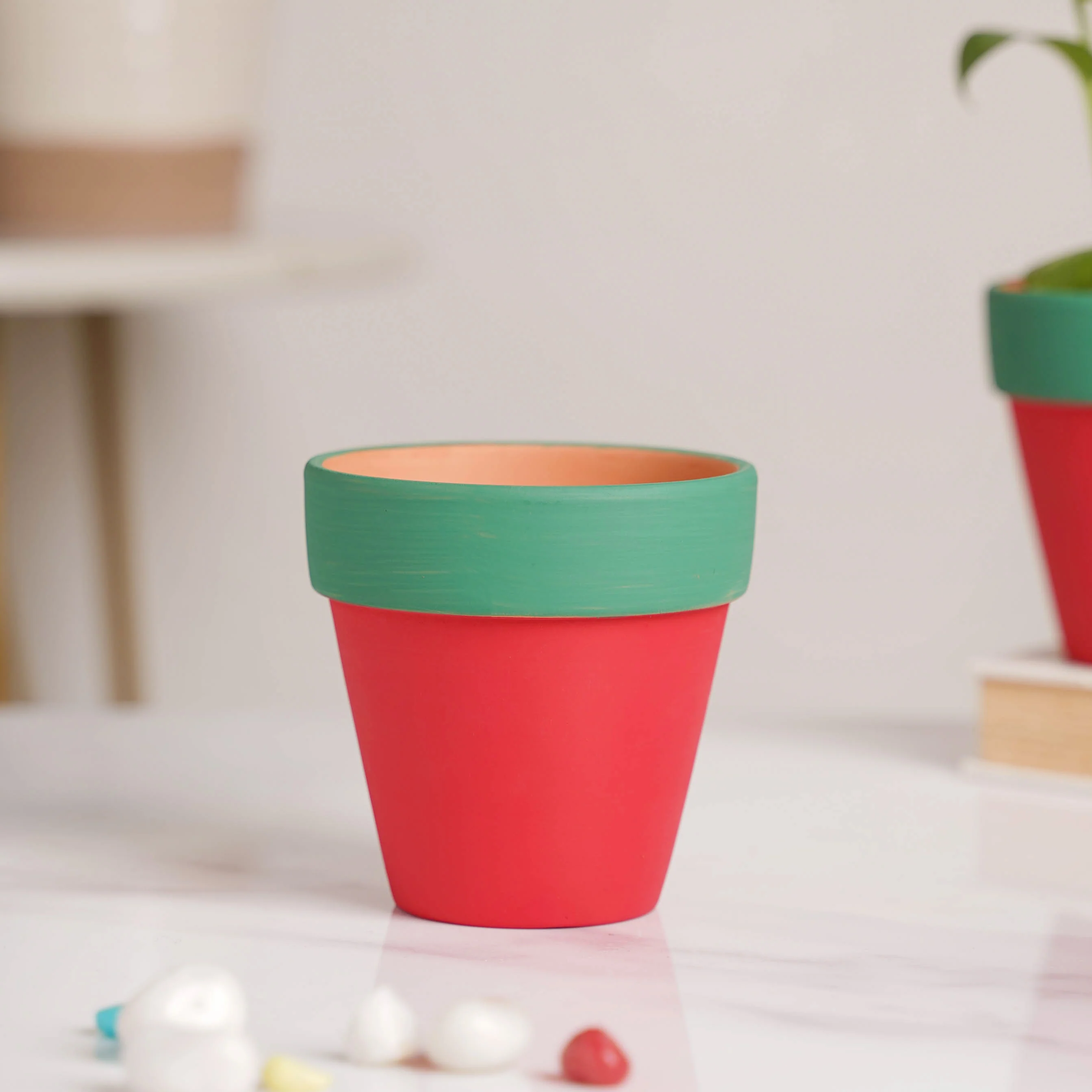 Green Rim Red Clay Pot Set Of 4 - Image 7