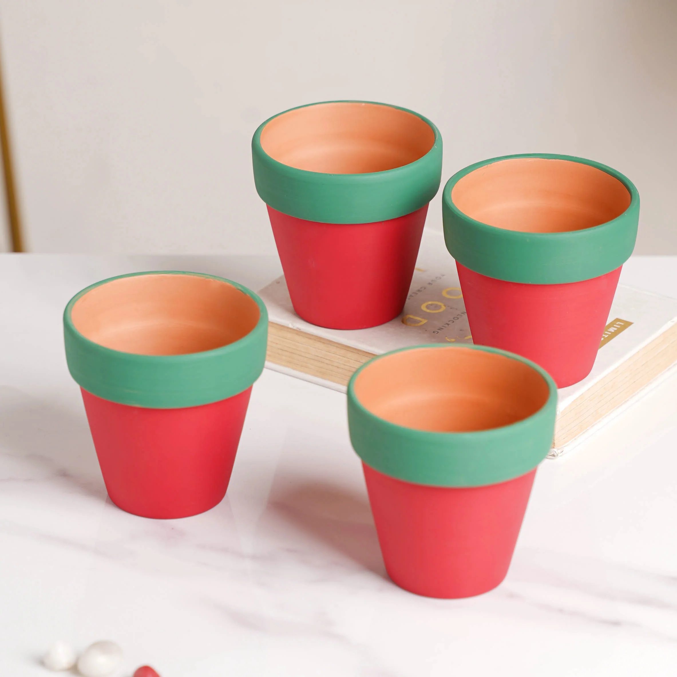 Green Rim Red Clay Pot Set Of 4 - Image 9