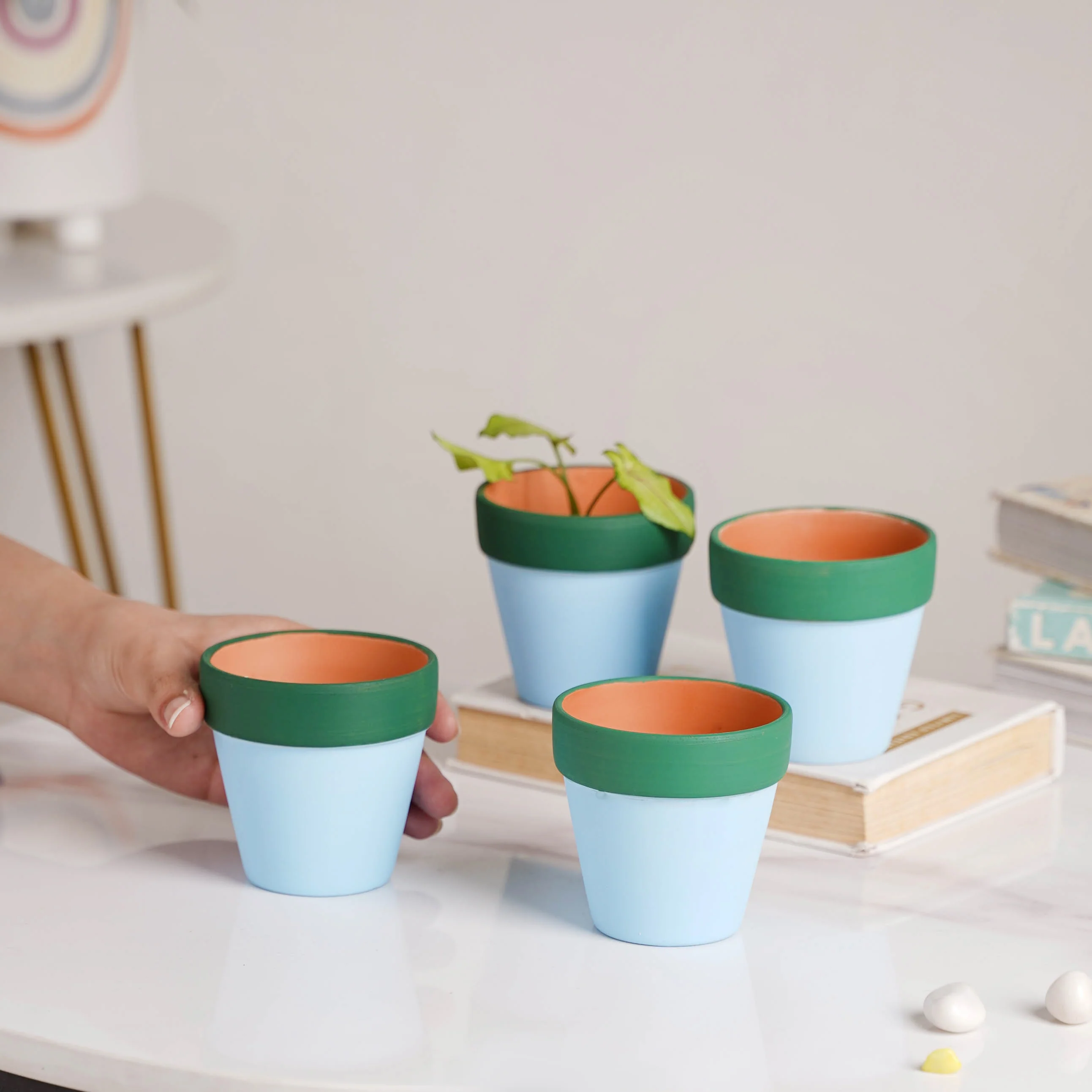 Green Rim Sky Blue Mini Pot Set Of 4 - Image 2