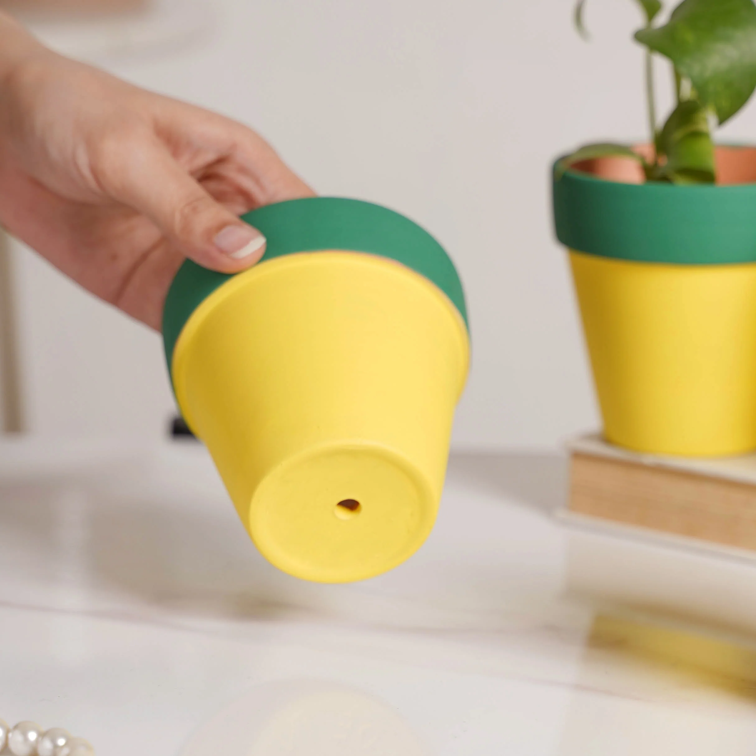 Green Rim Yellow Clay Pot Set Of 4 - Image 2