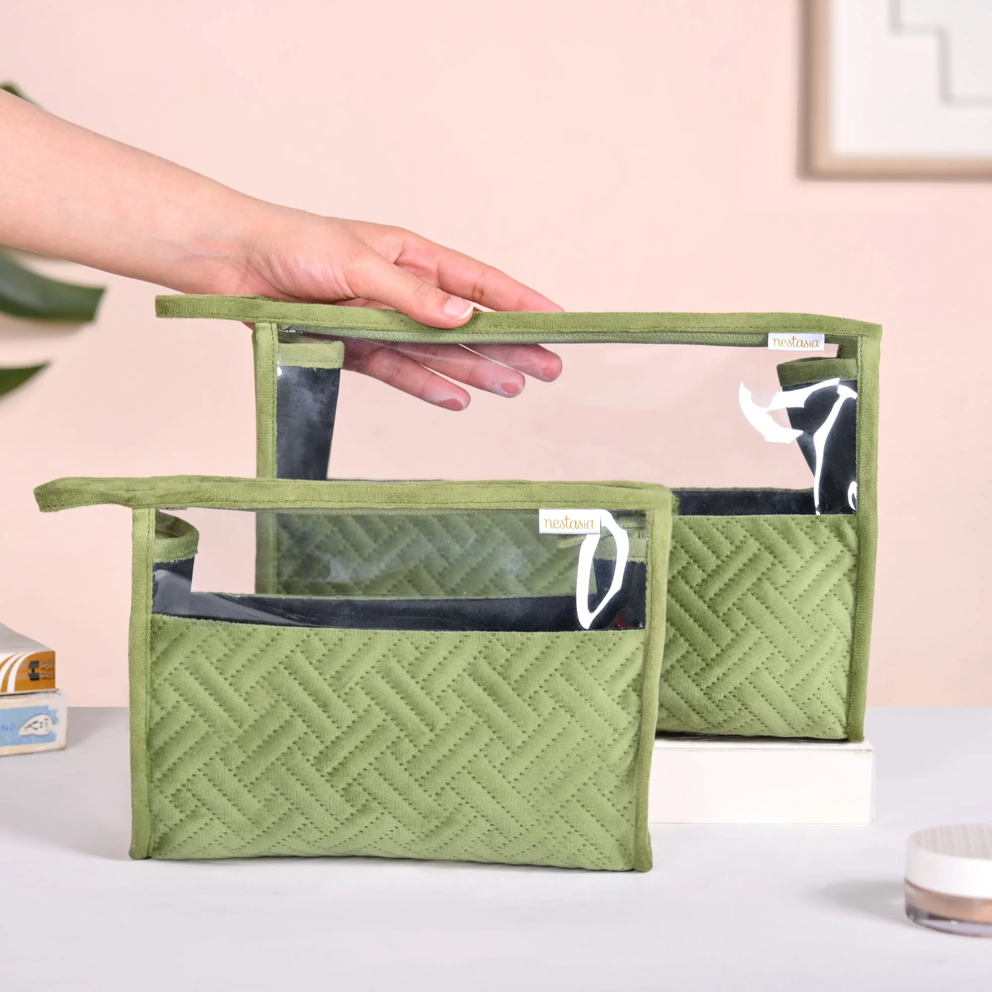 Green Velvet Transparent Travel Pouch Set Of 2 - Image 2