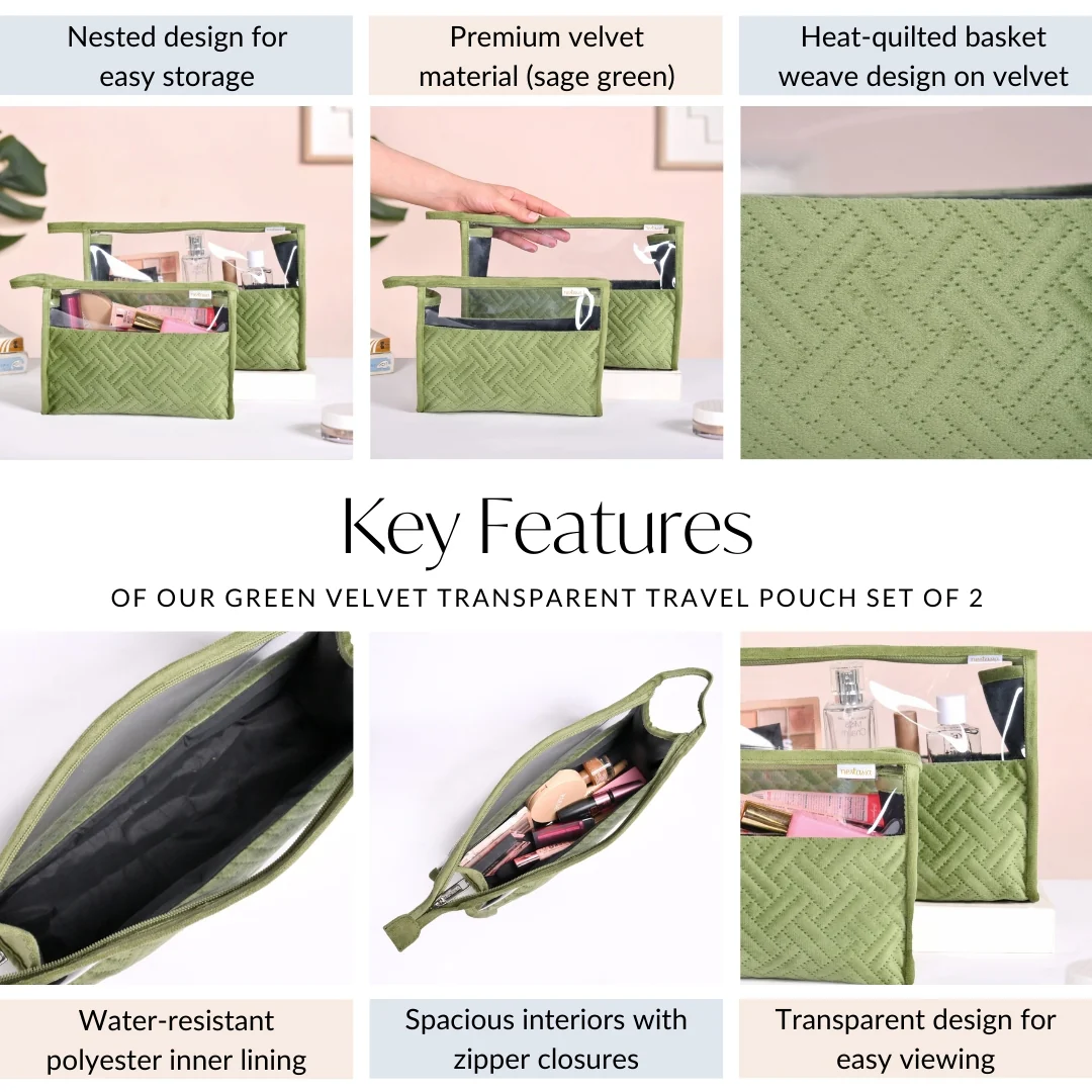 Green Velvet Transparent Travel Pouch Set Of 2 - Image 4