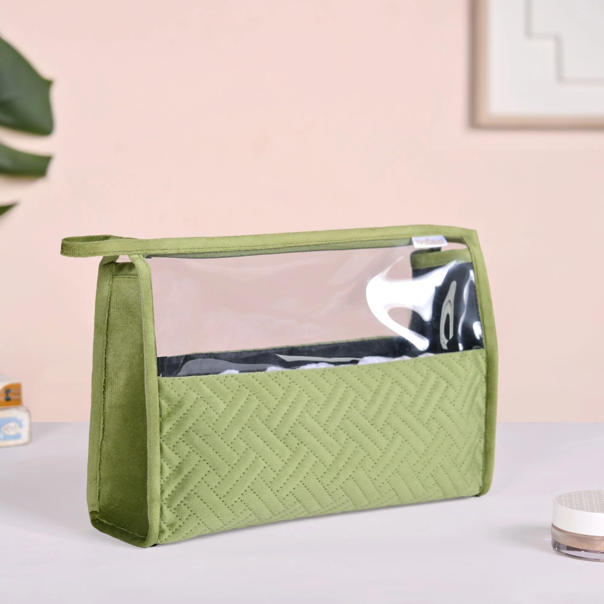 Green Velvet Transparent Travel Pouch Set Of 2 - Image 6