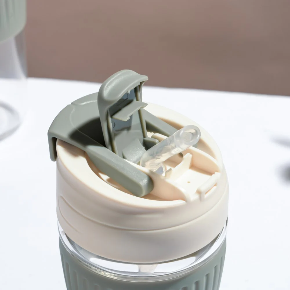 Glass Tumbler With Dual Flip Lid Grey 350ml - Image 5