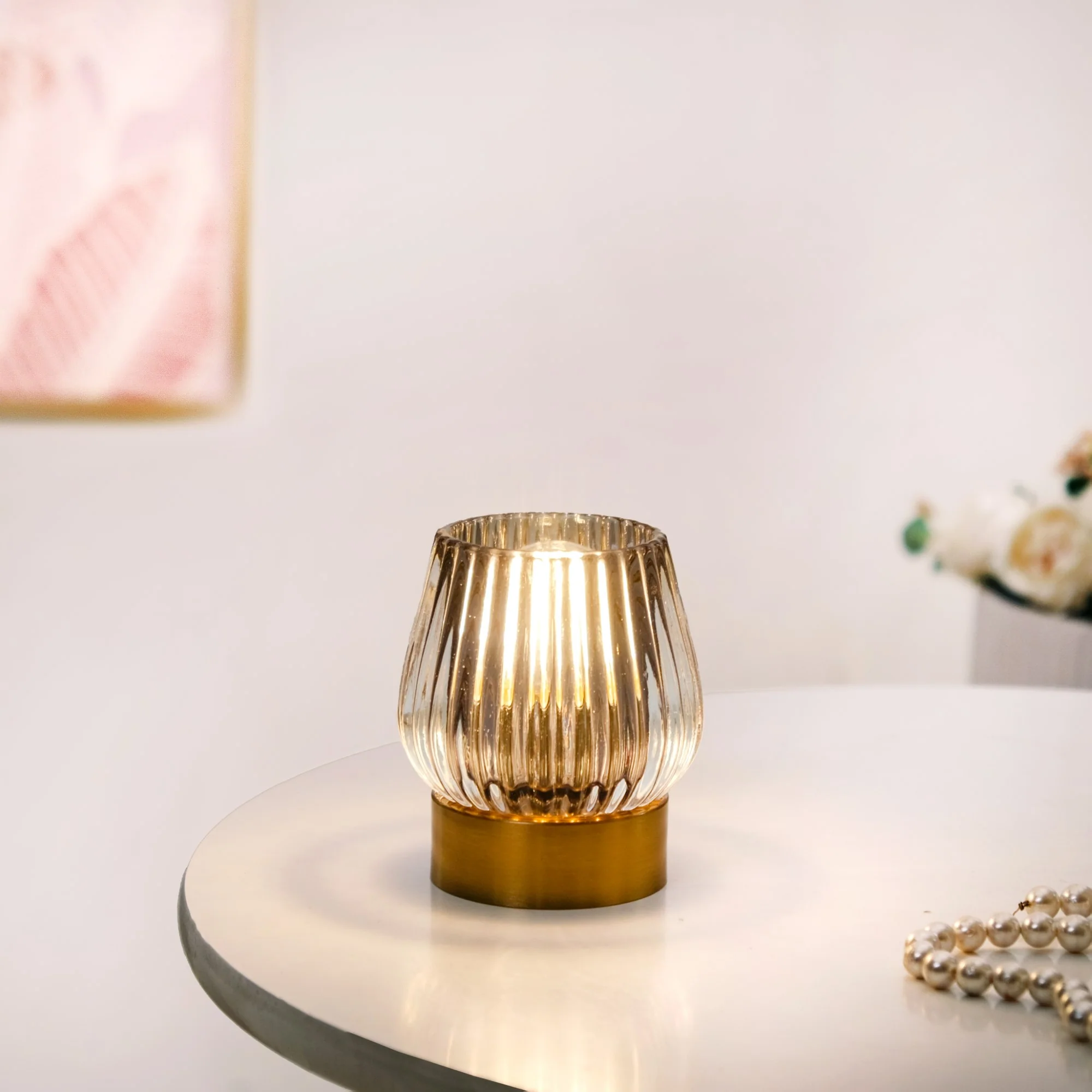 Grey Glass Tulip Battery Lamp With LED Light Bulb - Image 2