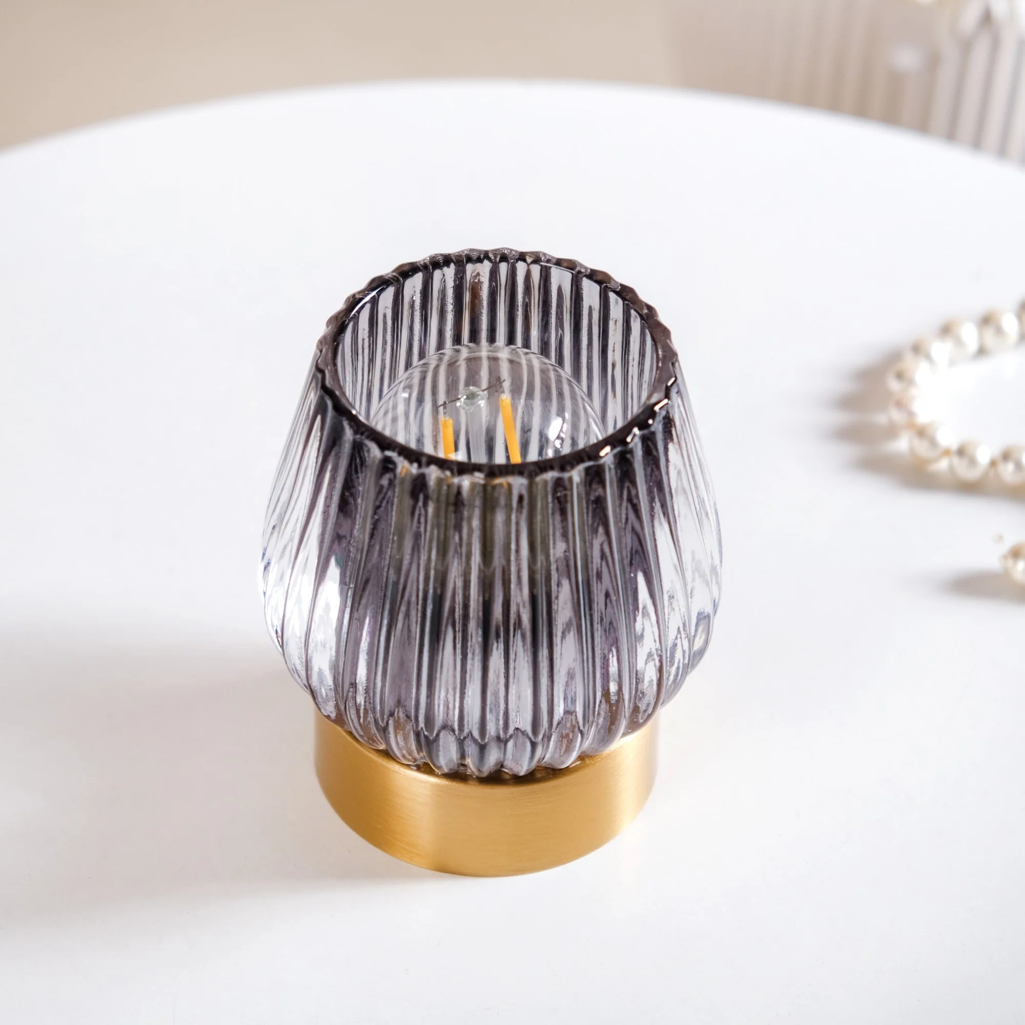 Grey Glass Tulip Battery Lamp With LED Light Bulb - Image 8