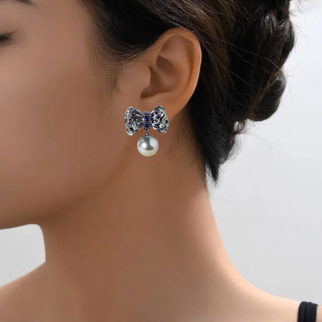Grey Pearl Ribbon Bow Drop Earrings - Image 5