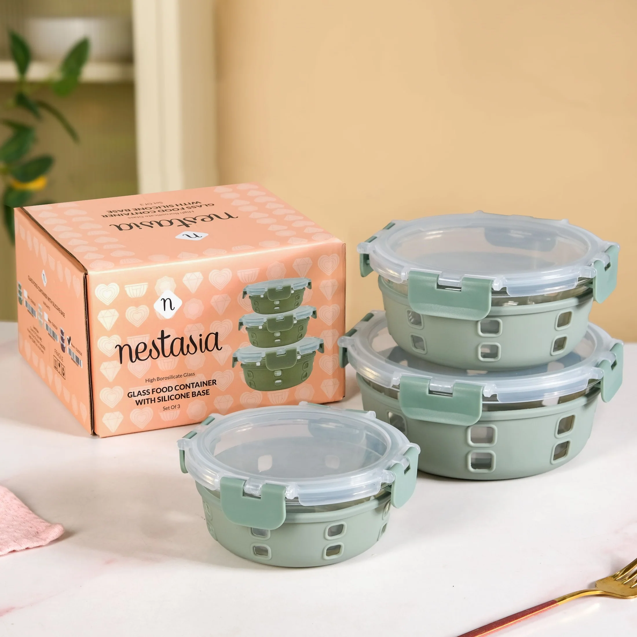 Gripso Borosilicate Glass Lunch Box With Silicone Sleeves Set Of 3 Sage Green S 400ml M 600ml L 950ml - Image 2