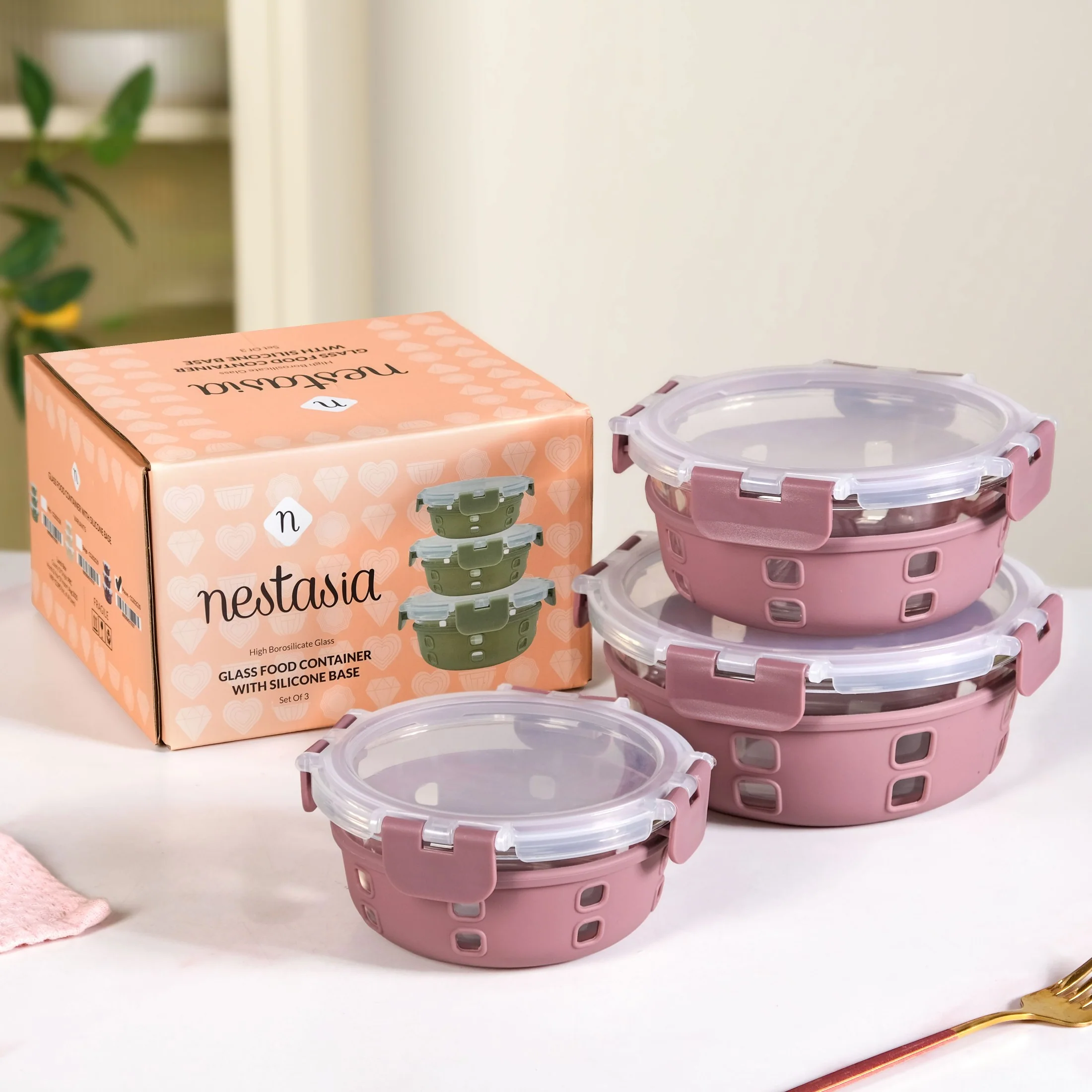 Gripso Food Storage Container With Silicone Sleeves Set Of 3 Mauve S 400ml M 600ml L 950ml - Image 2