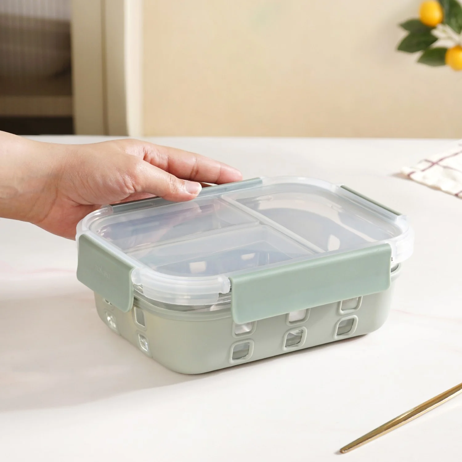 Gripso Triple Compartment Lunch Box 1000ml Sage Green - Image 2