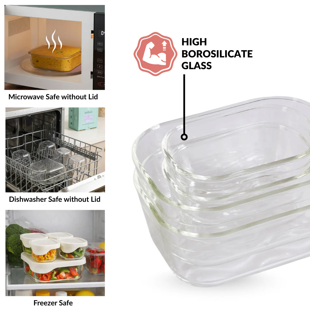 Groovo Lite Premium Borosilicate Food Container Set Of 4 370ml 930ml 2500ml - Image 7