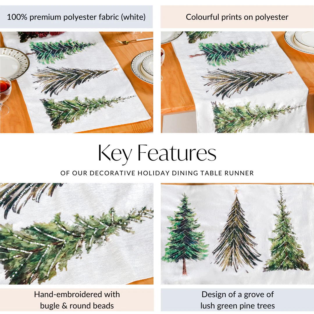 Grove Of Pine Trees Print Embellished White Dining Table Runner - Image 3