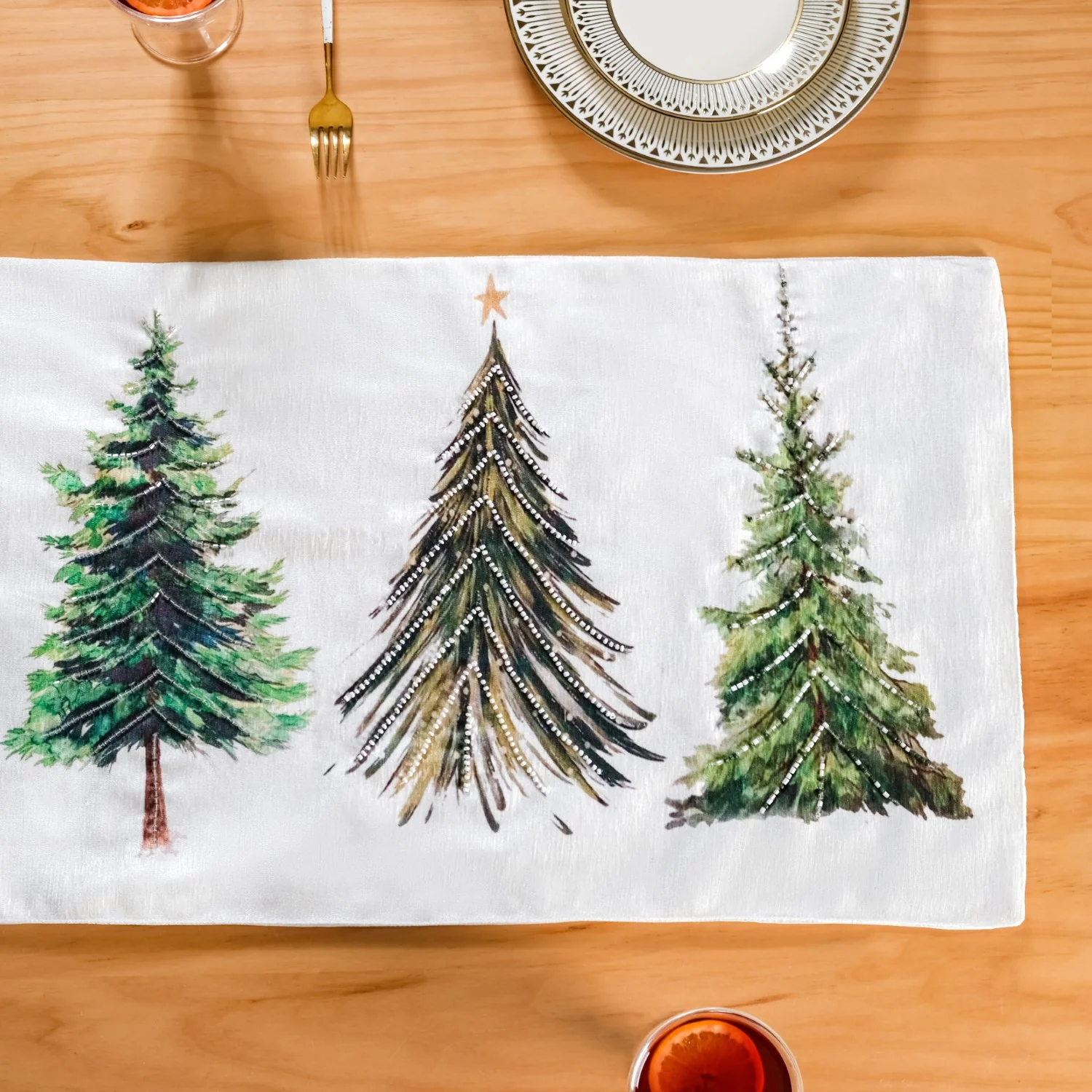 Grove Of Pine Trees Print Embellished White Dining Table Runner - Image 4