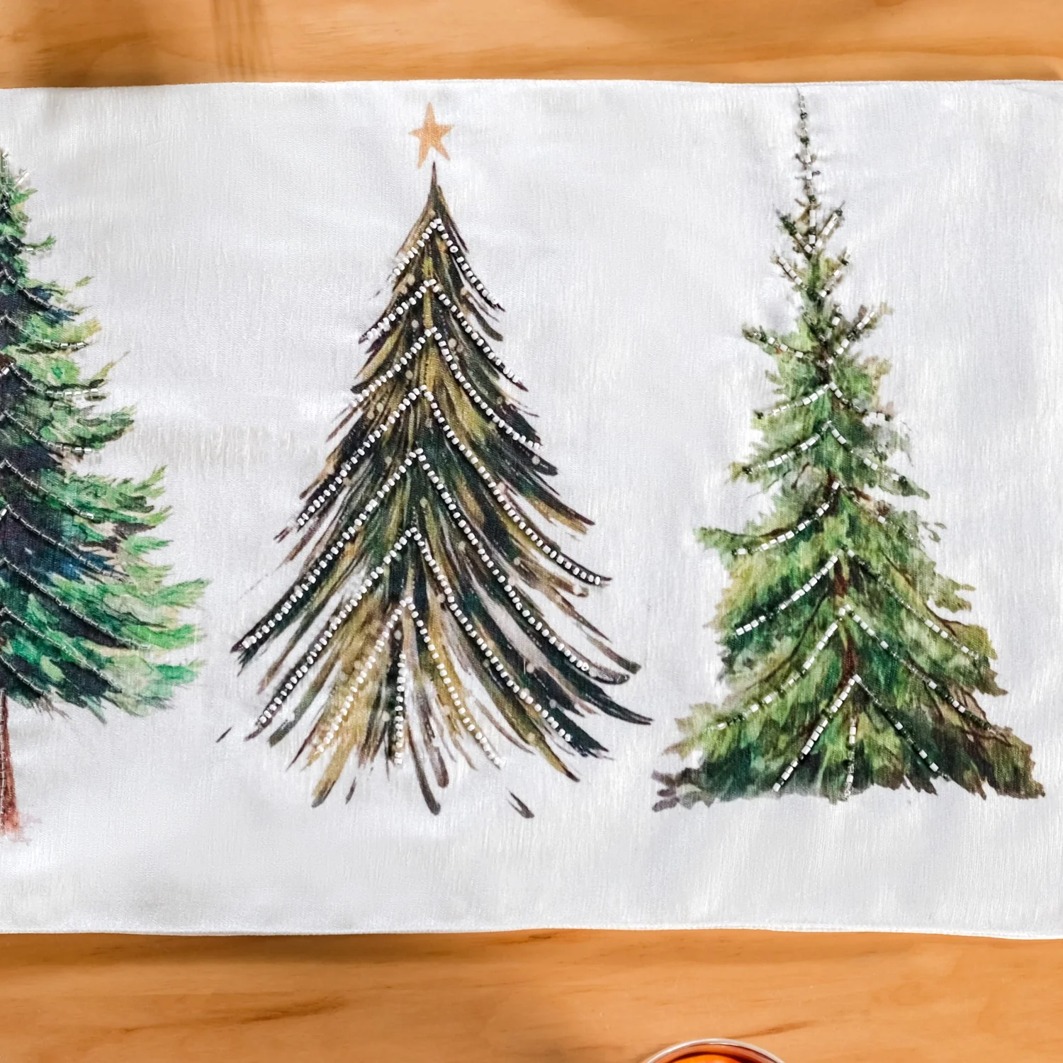 Grove Of Pine Trees Print Embellished White Dining Table Runner - Image 5