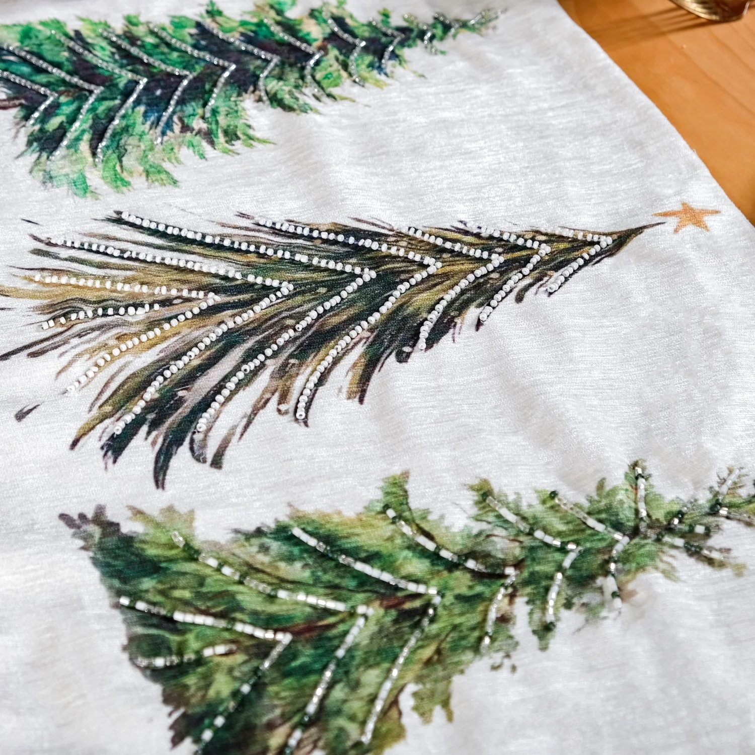Grove Of Pine Trees Print Embellished White Dining Table Runner - Image 6
