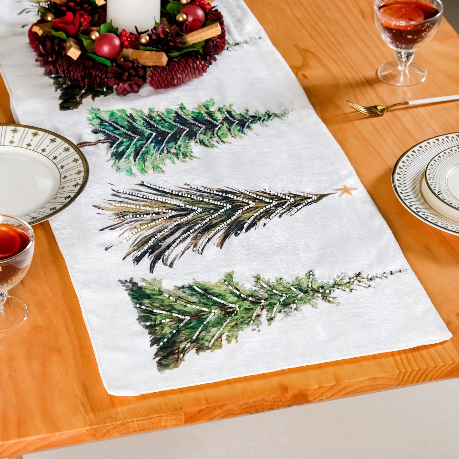 Grove Of Pine Trees Print Embellished White Dining Table Runner - Image 7